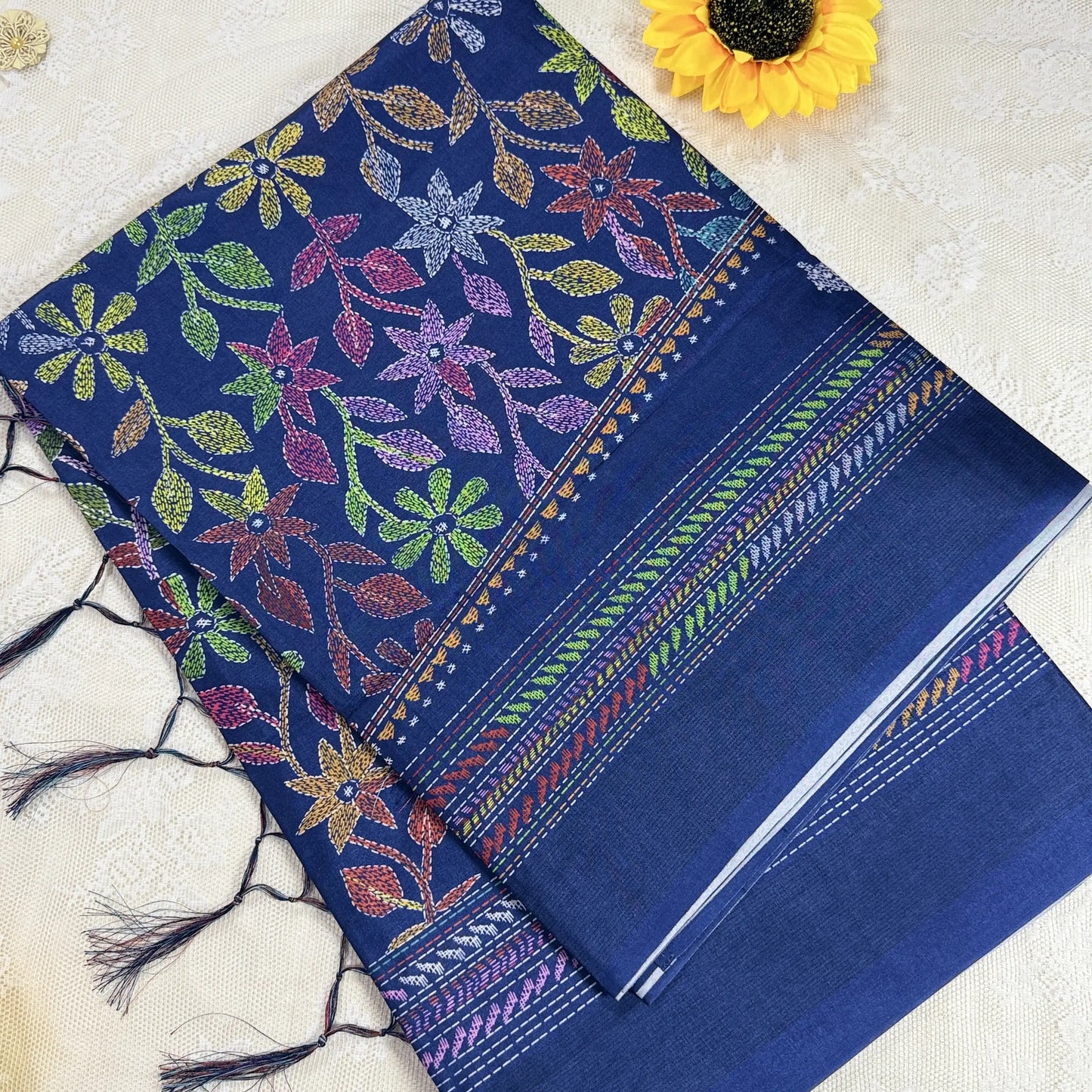 Navy Blue Kanta Print Manipuri Silk Saree with Metallic Blue Border and Kanta Floral Pallu