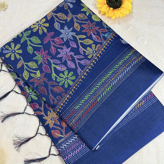 Navy Blue Kanta Print Manipuri Silk Saree with Metallic Blue Border and Kanta Floral Pallu