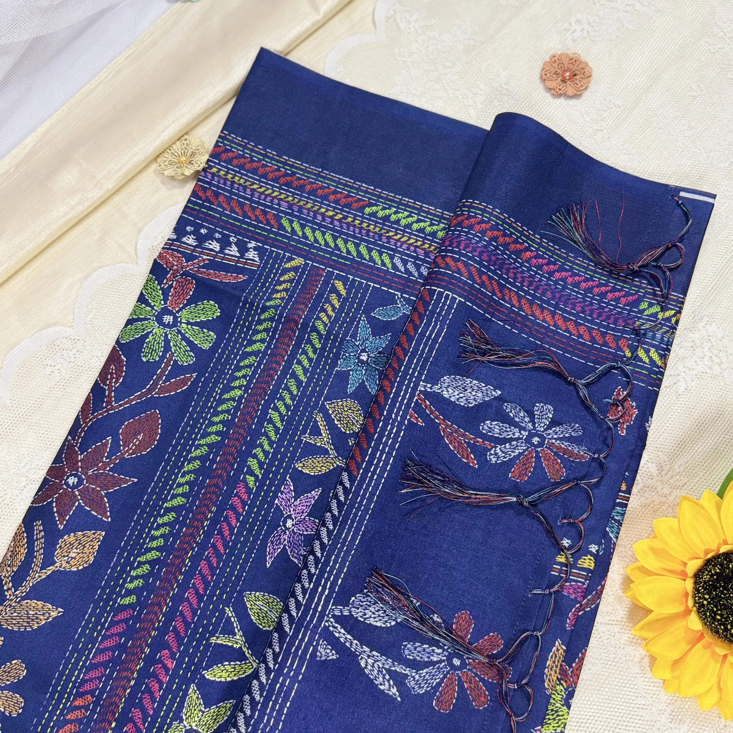 Navy Blue Kanta Print Manipuri Silk Saree with Metallic Blue Border and Kanta Floral Pallu