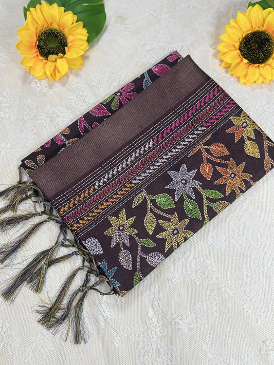 Coffee Brown Kanta Print Manipuri Silk Saree with Metallic Brown Border and Kanta Floral Pallu