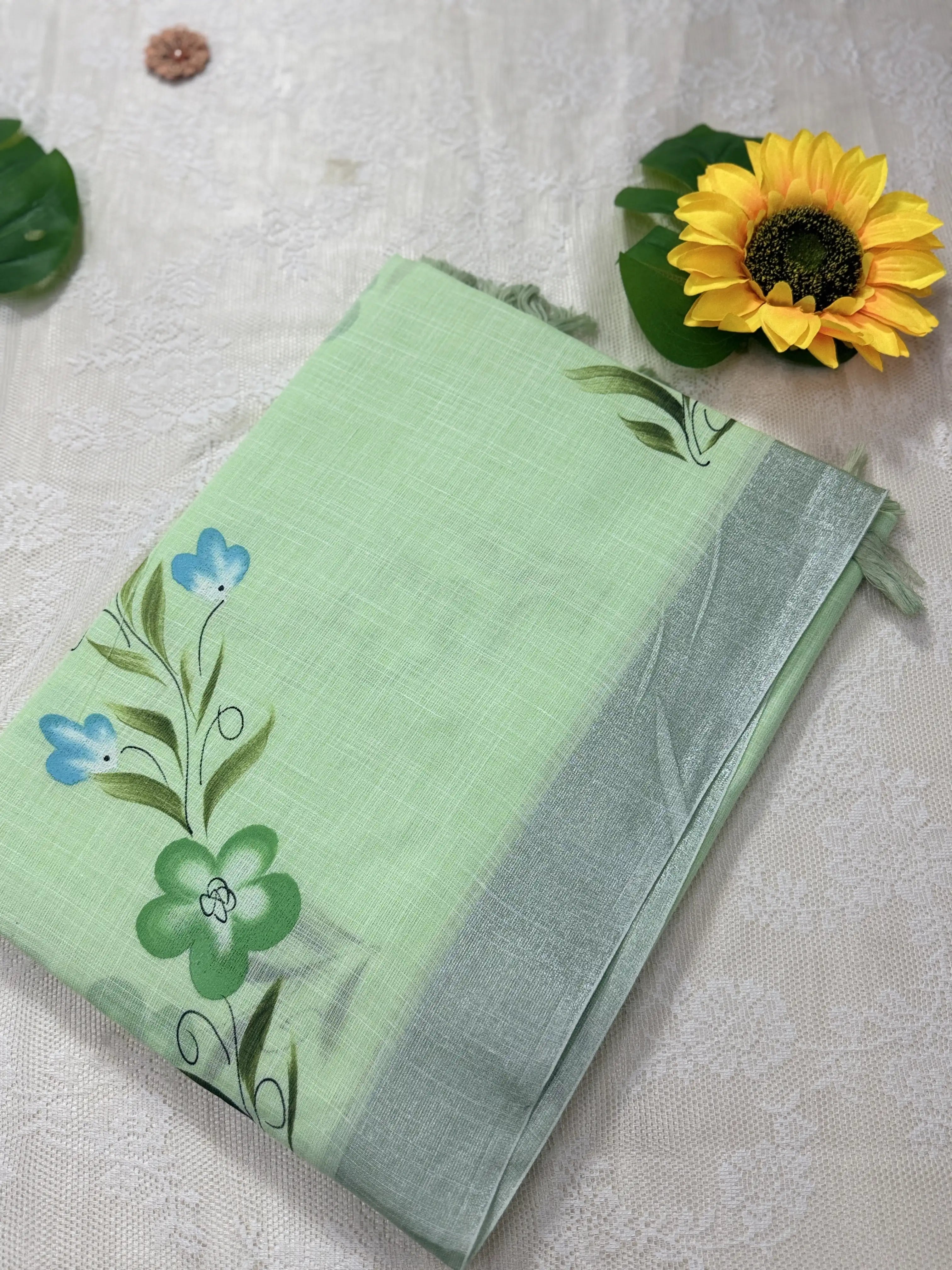 Pastel Green Premium Linen Cotton with Blue and Green Floral Brush Painting