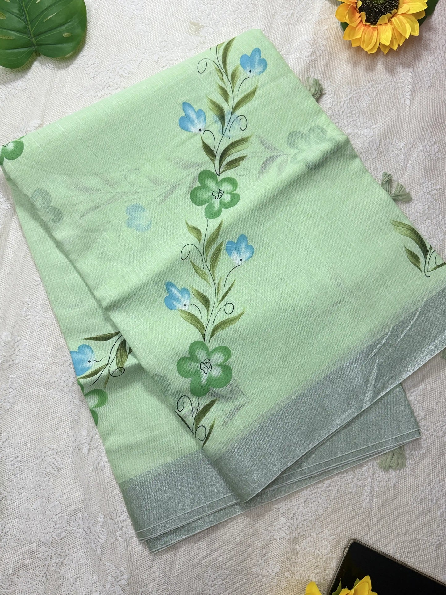 Pastel Green Premium Linen Cotton with Blue and Green Floral Brush Painting