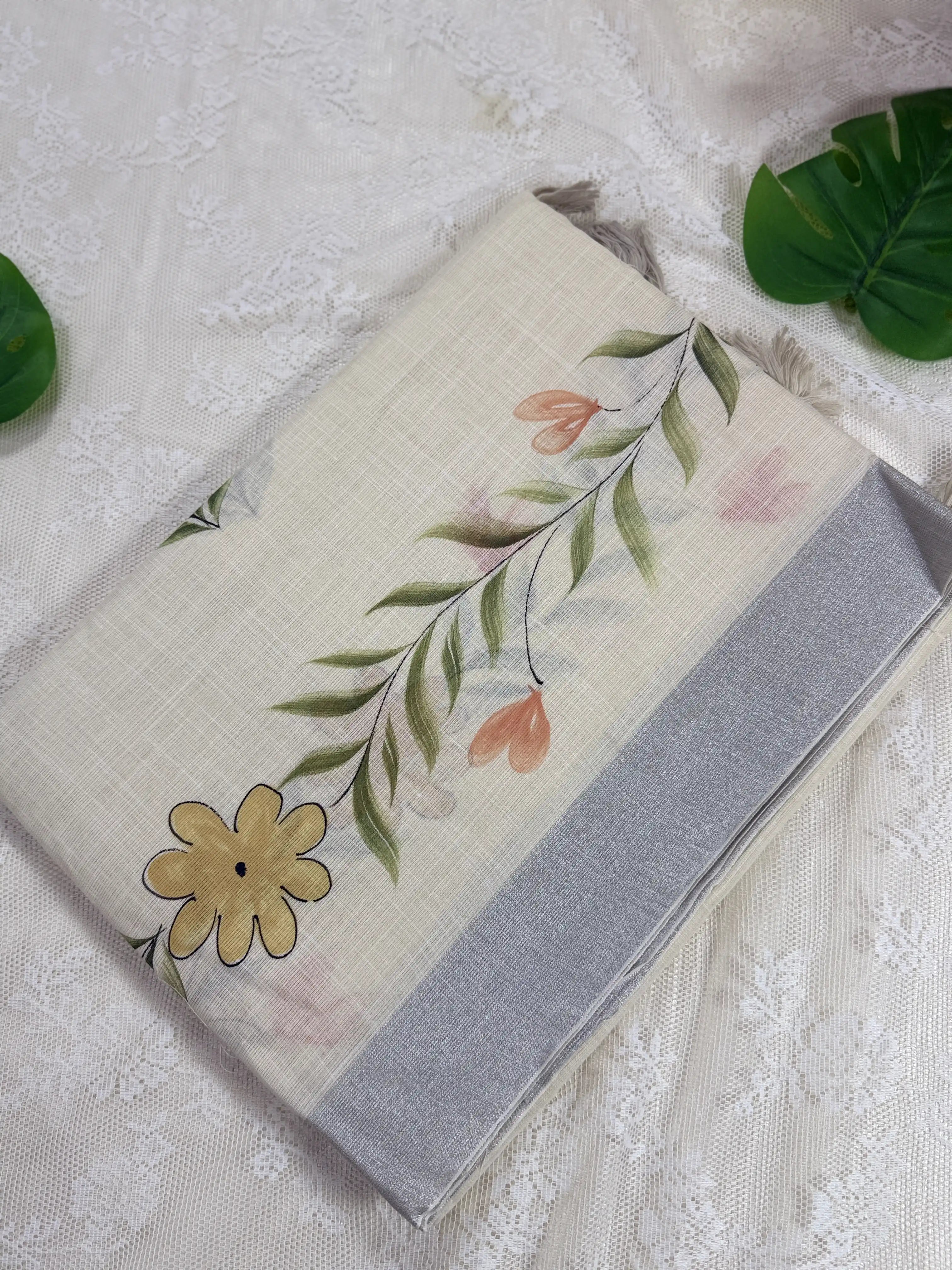 Pastel Beige Premium Linen Cotton with Yellow Floral Brush Painting