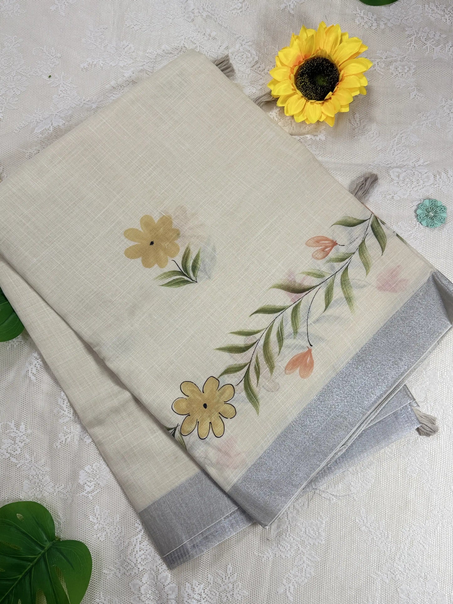 Pastel Beige Premium Linen Cotton with Yellow Floral Brush Painting