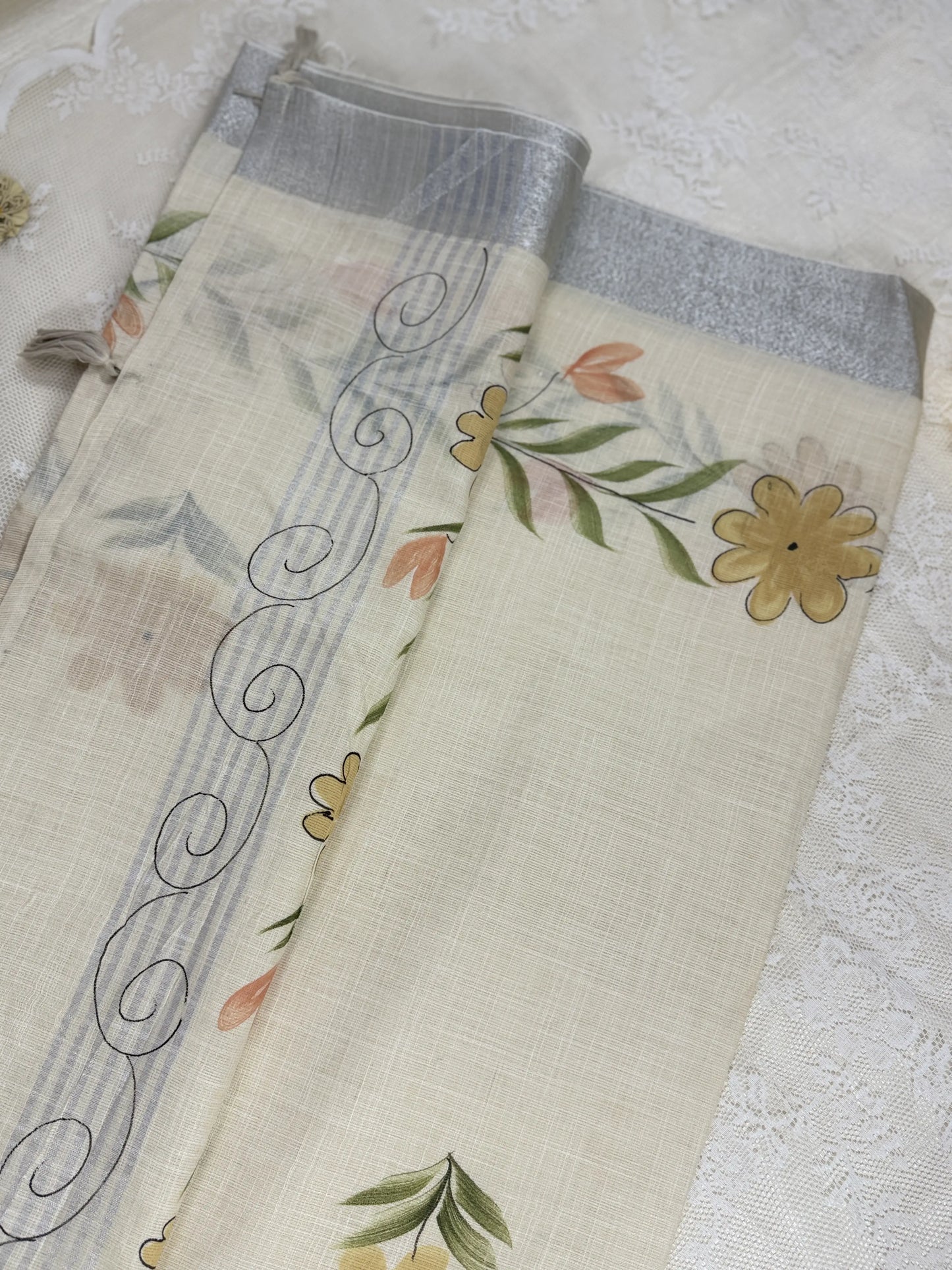 Pastel Beige Premium Linen Cotton with Yellow Floral Brush Painting