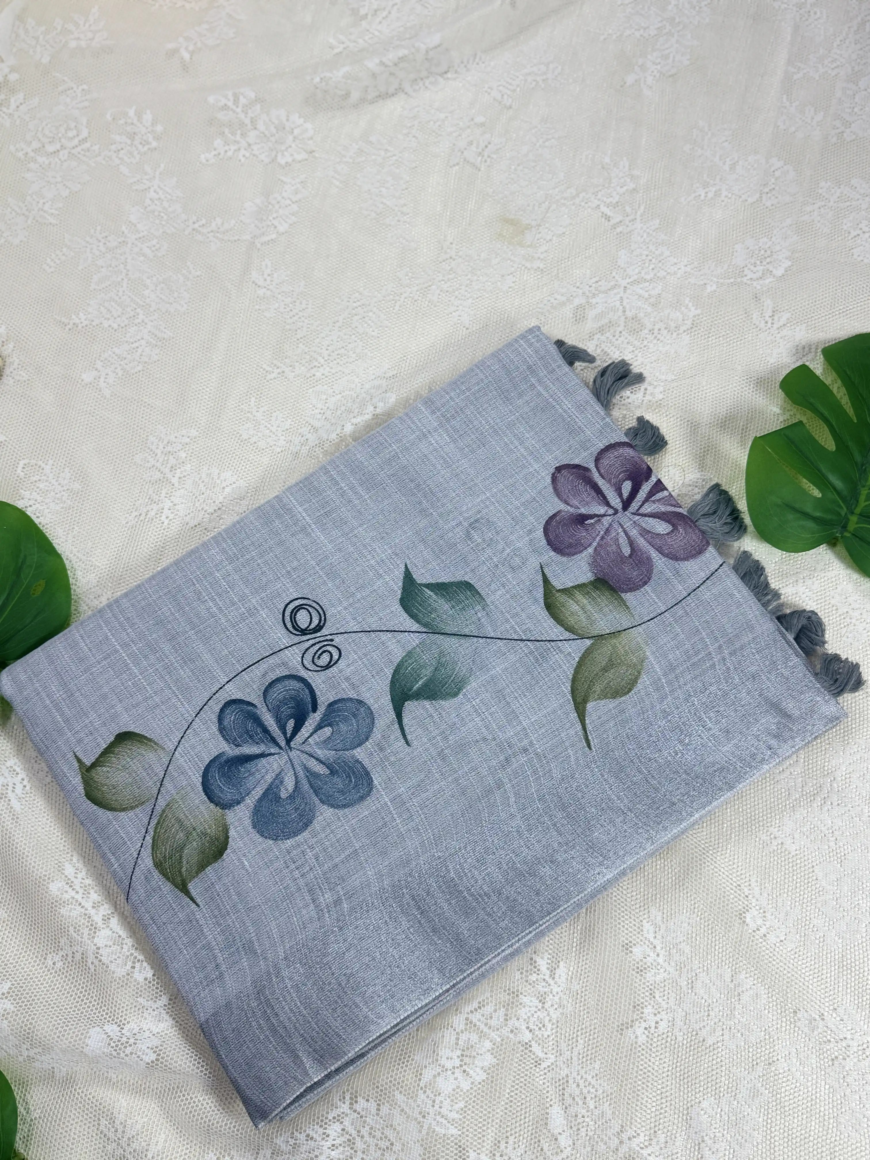 Pastel Grey Premium Linen Cotton with Brush Painting