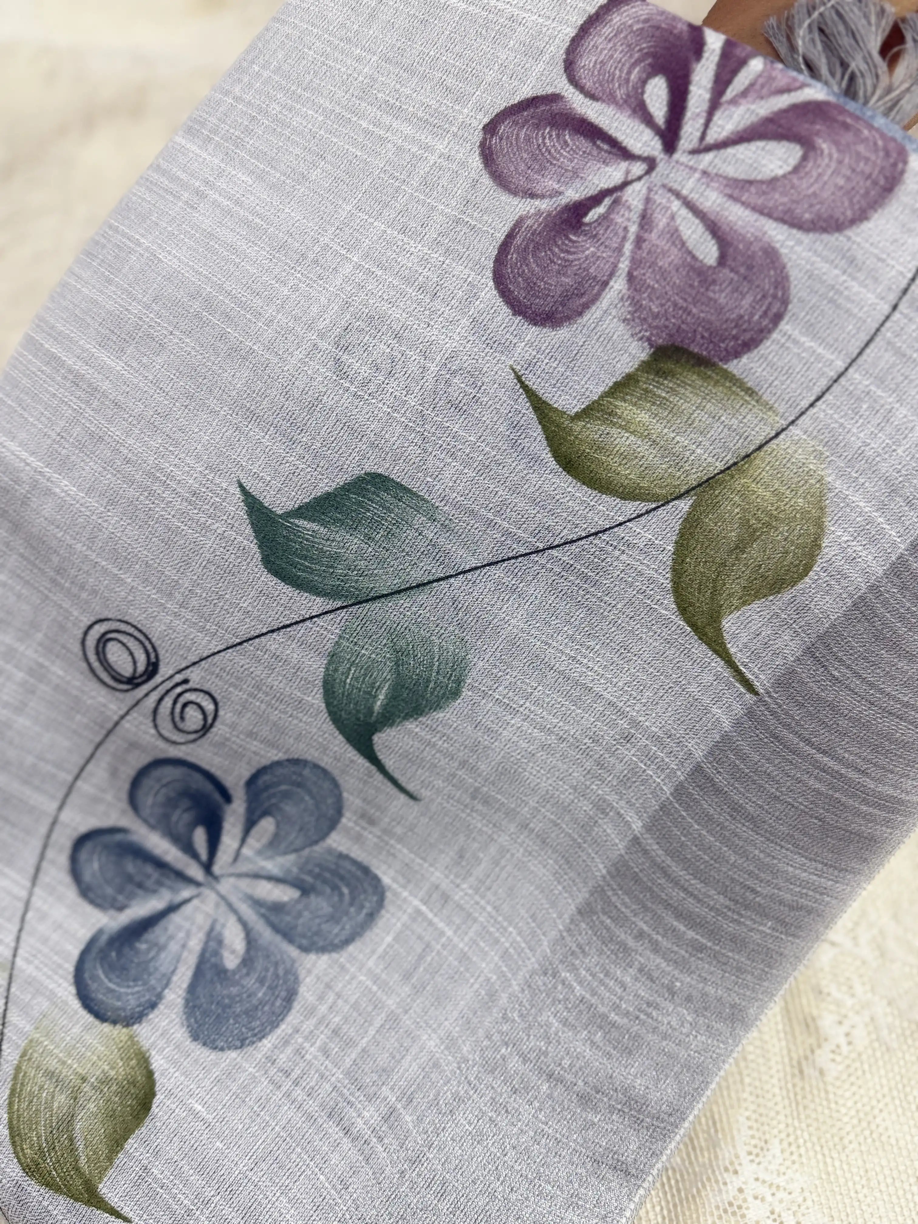 Pastel Grey Premium Linen Cotton with Brush Painting