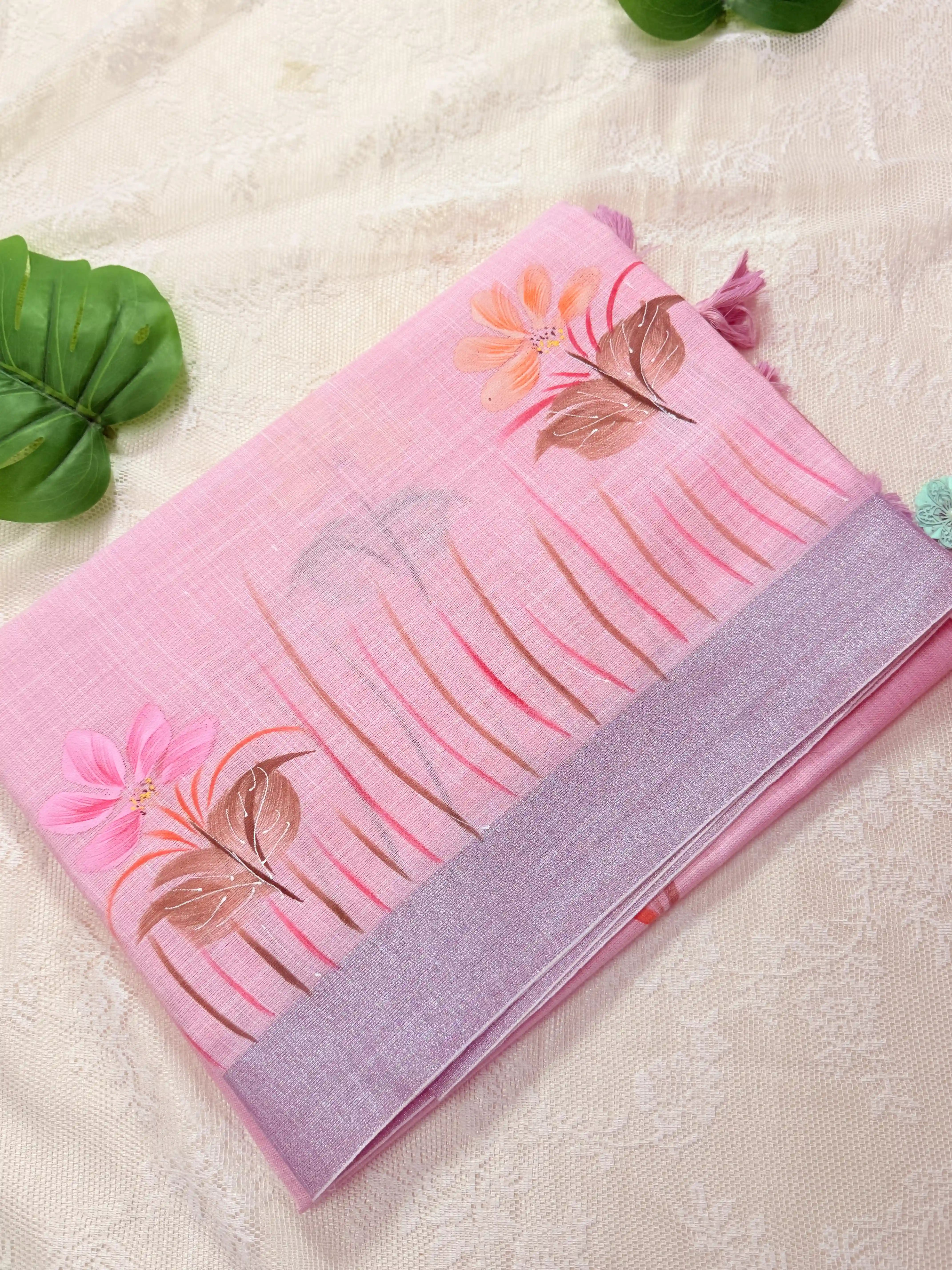 Pastel Baby Pink Premium Linen Cotton with Brush Painting