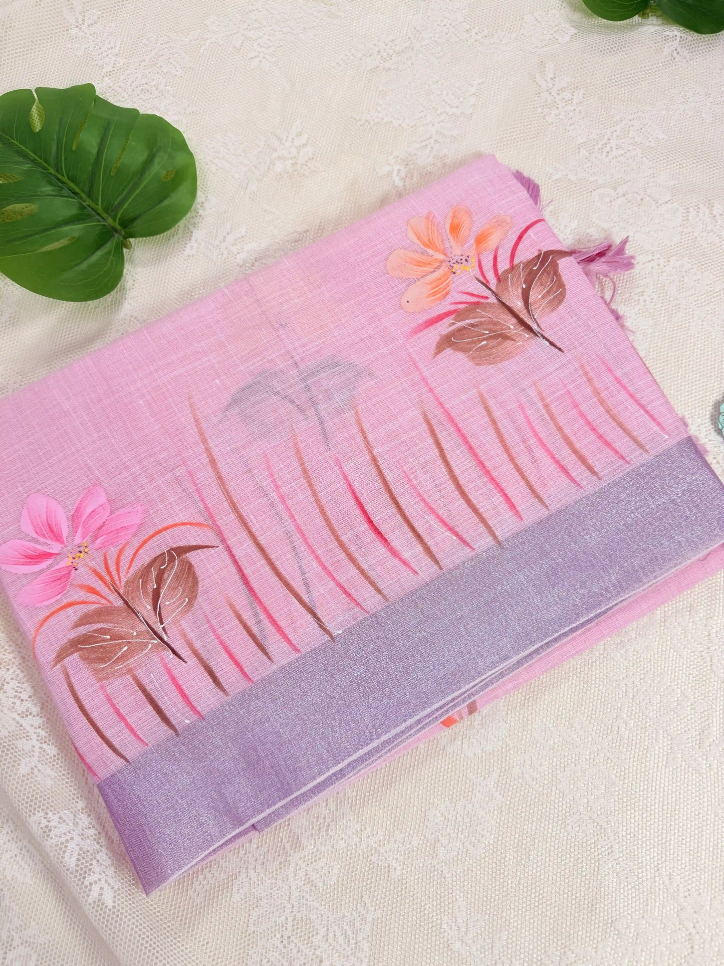 Pastel Baby Pink Premium Linen Cotton with Brush Painting