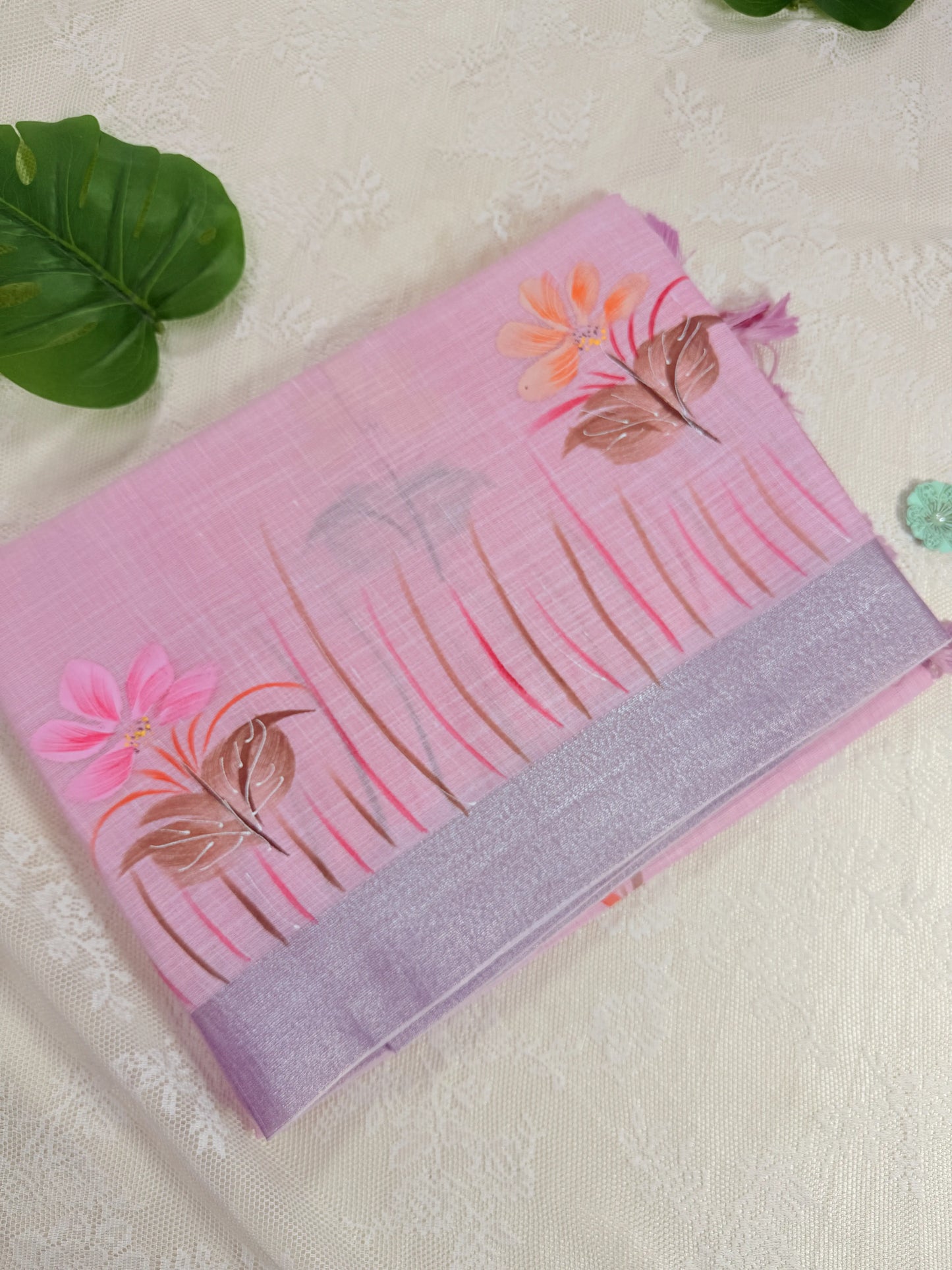 Pastel Baby Pink Premium Linen Cotton with Brush Painting