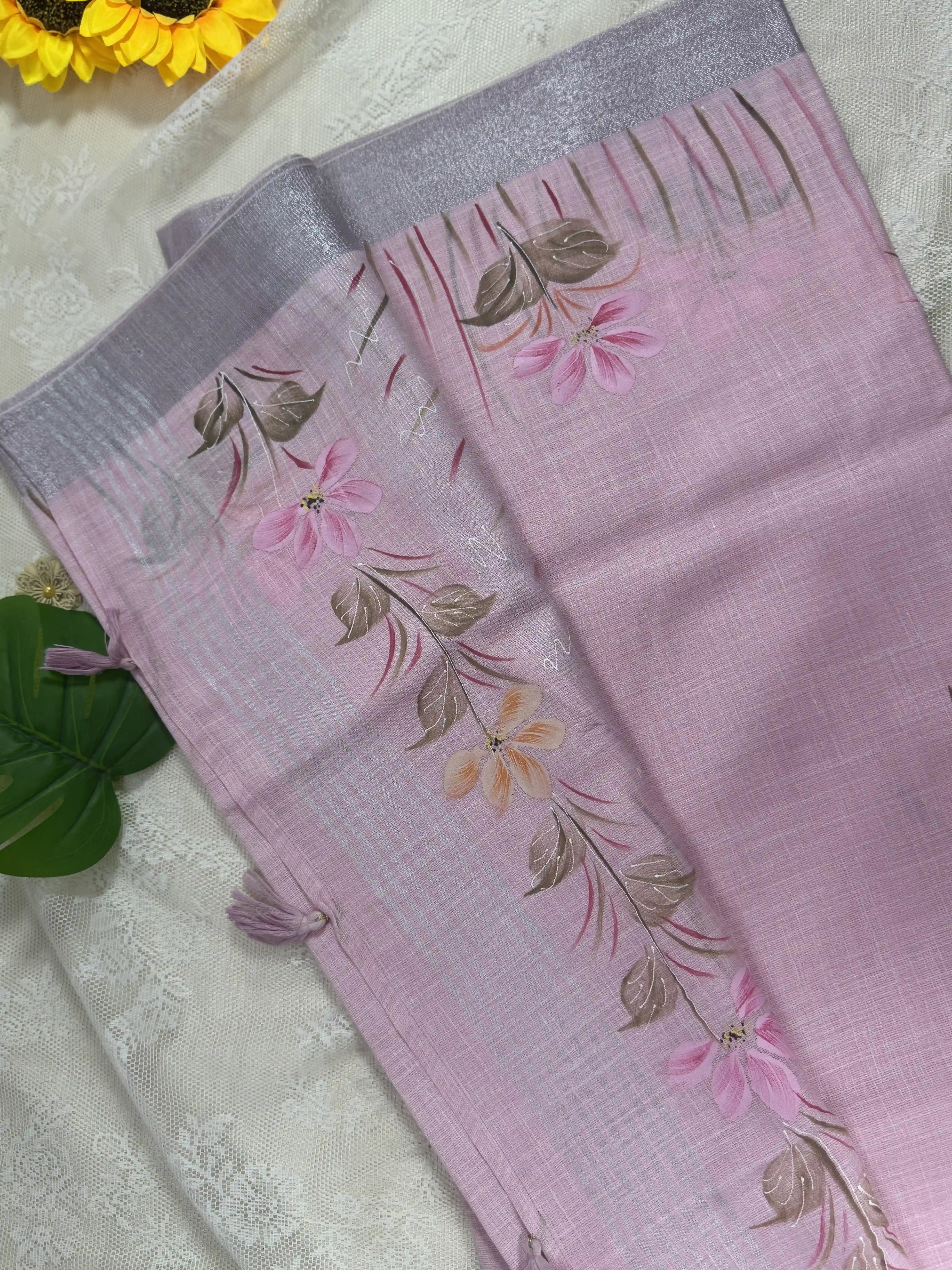 Pastel Baby Pink Premium Linen Cotton with Brush Painting