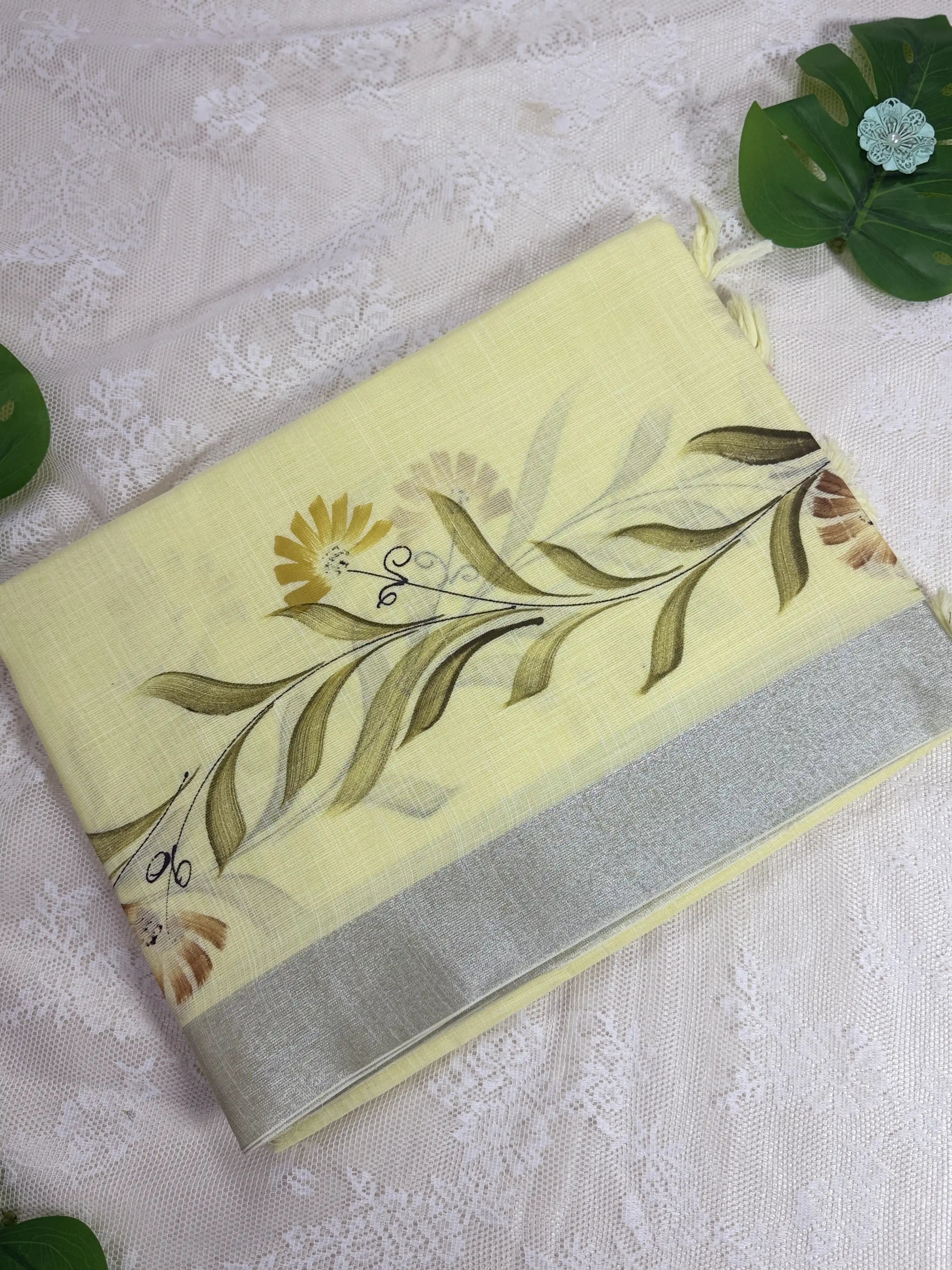 Pastel Yellow Premium Linen Cotton with Yellow Floral Brush Painting