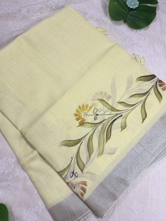 Pastel Yellow Premium Linen Cotton with Yellow Floral Brush Painting