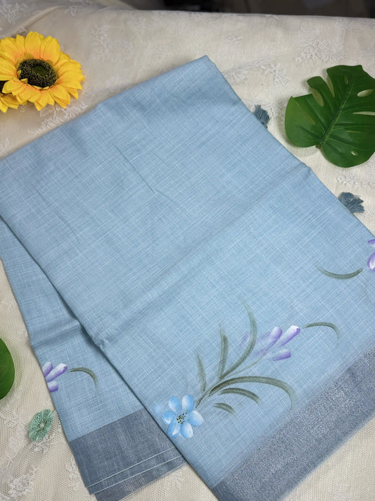 Pastel Blue Premium Linen Cotton with Yellow Floral Brush Painting