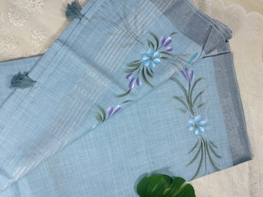 Pastel Blue Premium Linen Cotton with Yellow Floral Brush Painting