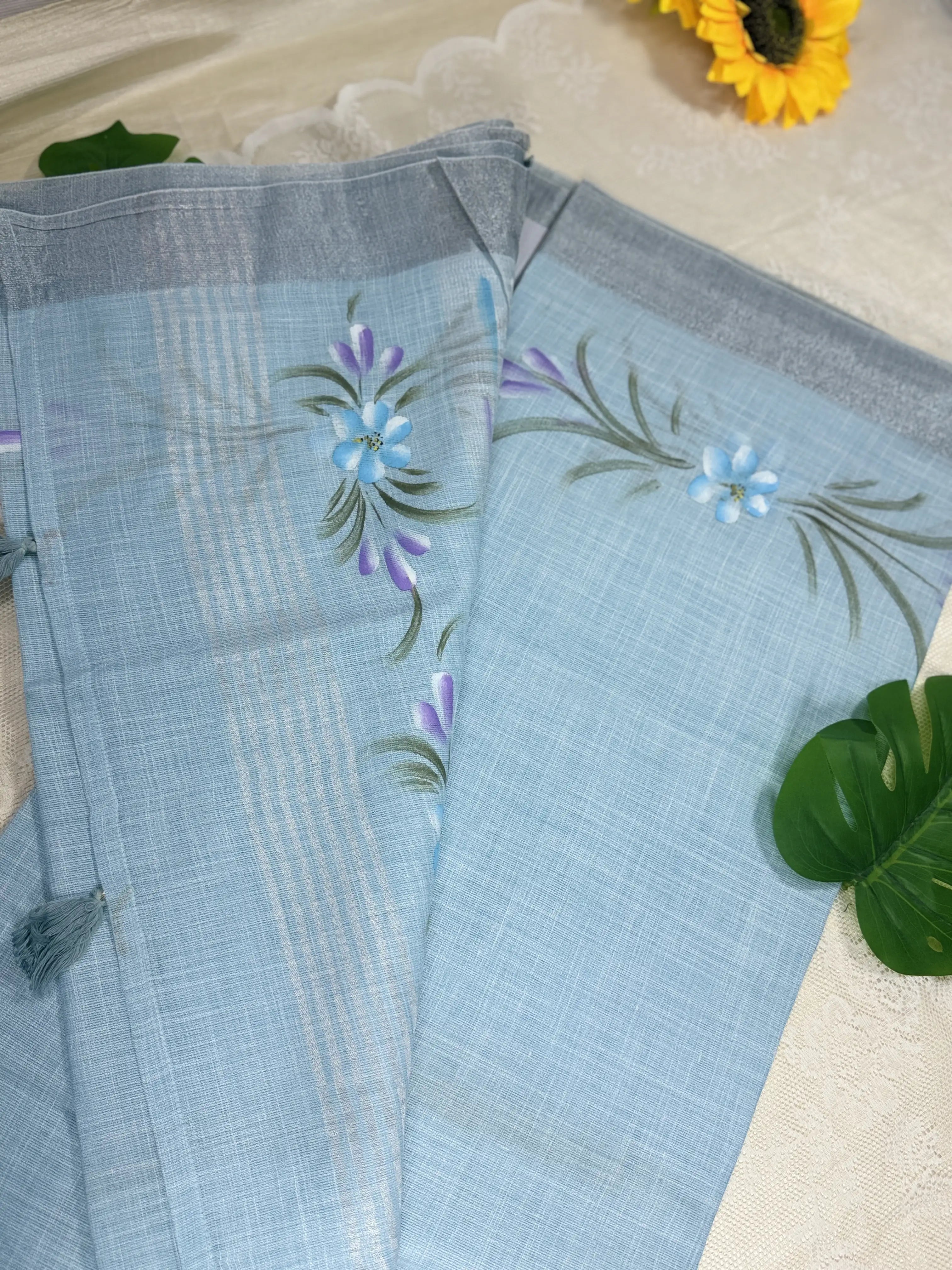Pastel Blue Premium Linen Cotton with Yellow Floral Brush Painting