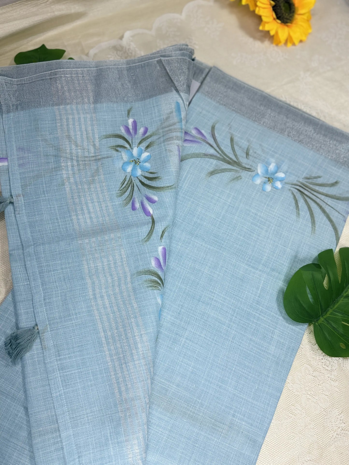 Pastel Blue Premium Linen Cotton with Yellow Floral Brush Painting