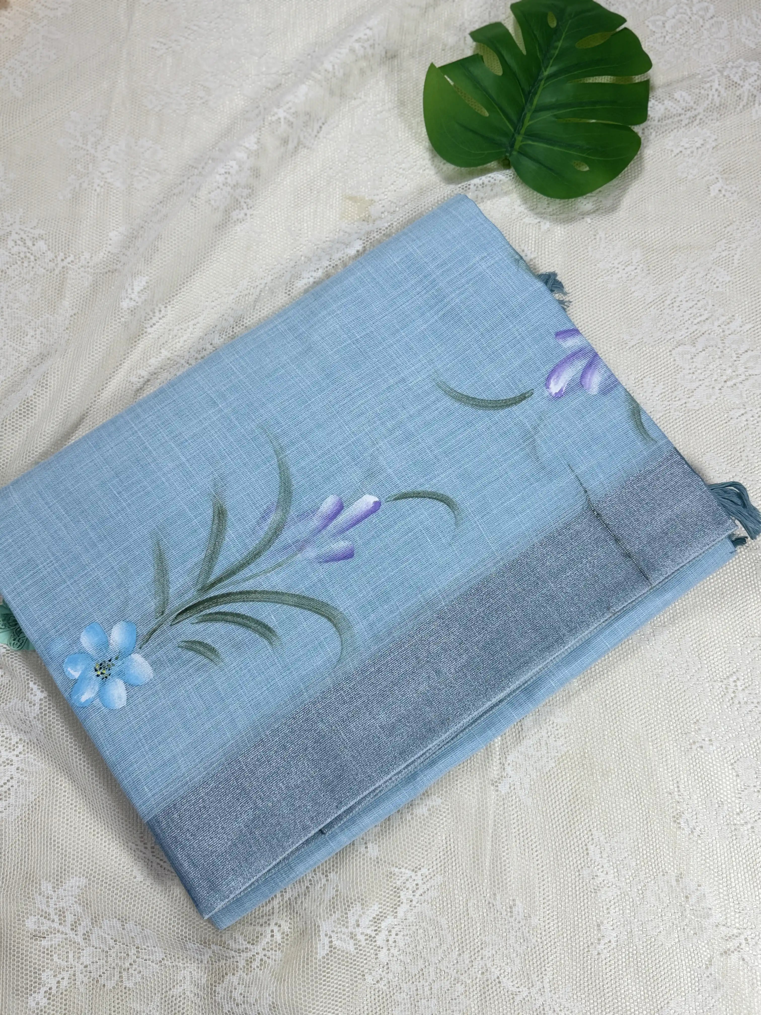 Pastel Blue Premium Linen Cotton with Yellow Floral Brush Painting