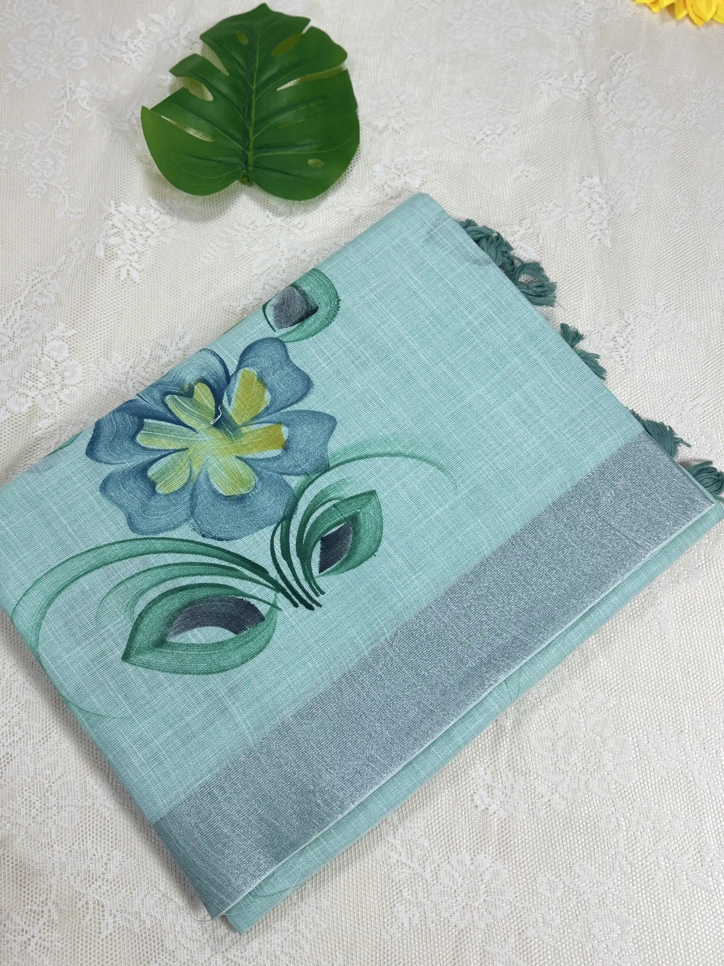 Pastel Mint Green Premium Linen Cotton with Yellow Floral Brush Painting