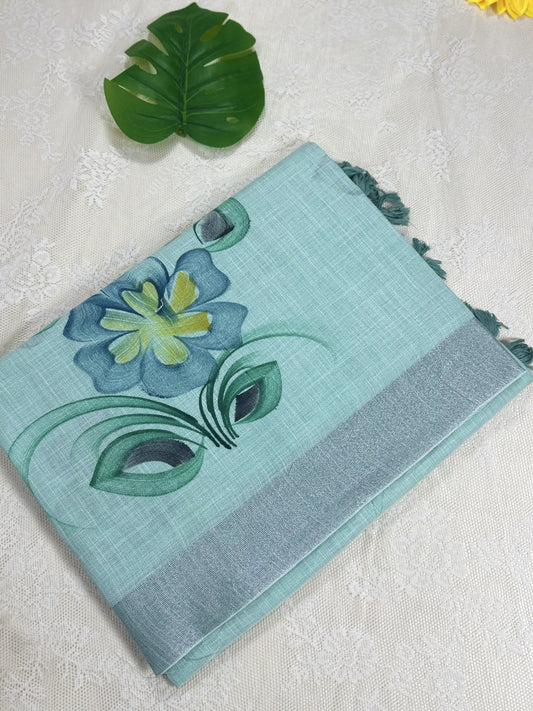 Pastel Mint Green Premium Linen Cotton with Yellow Floral Brush Painting