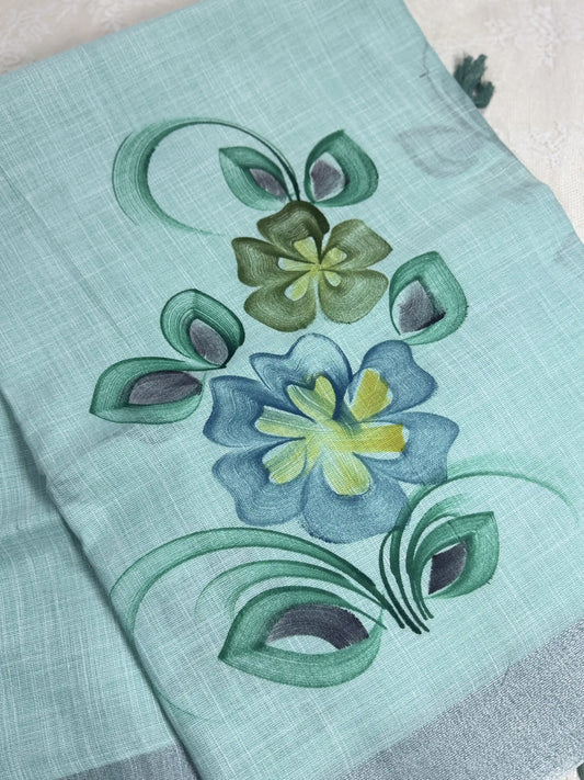 Pastel Mint Green Premium Linen Cotton with Yellow Floral Brush Painting