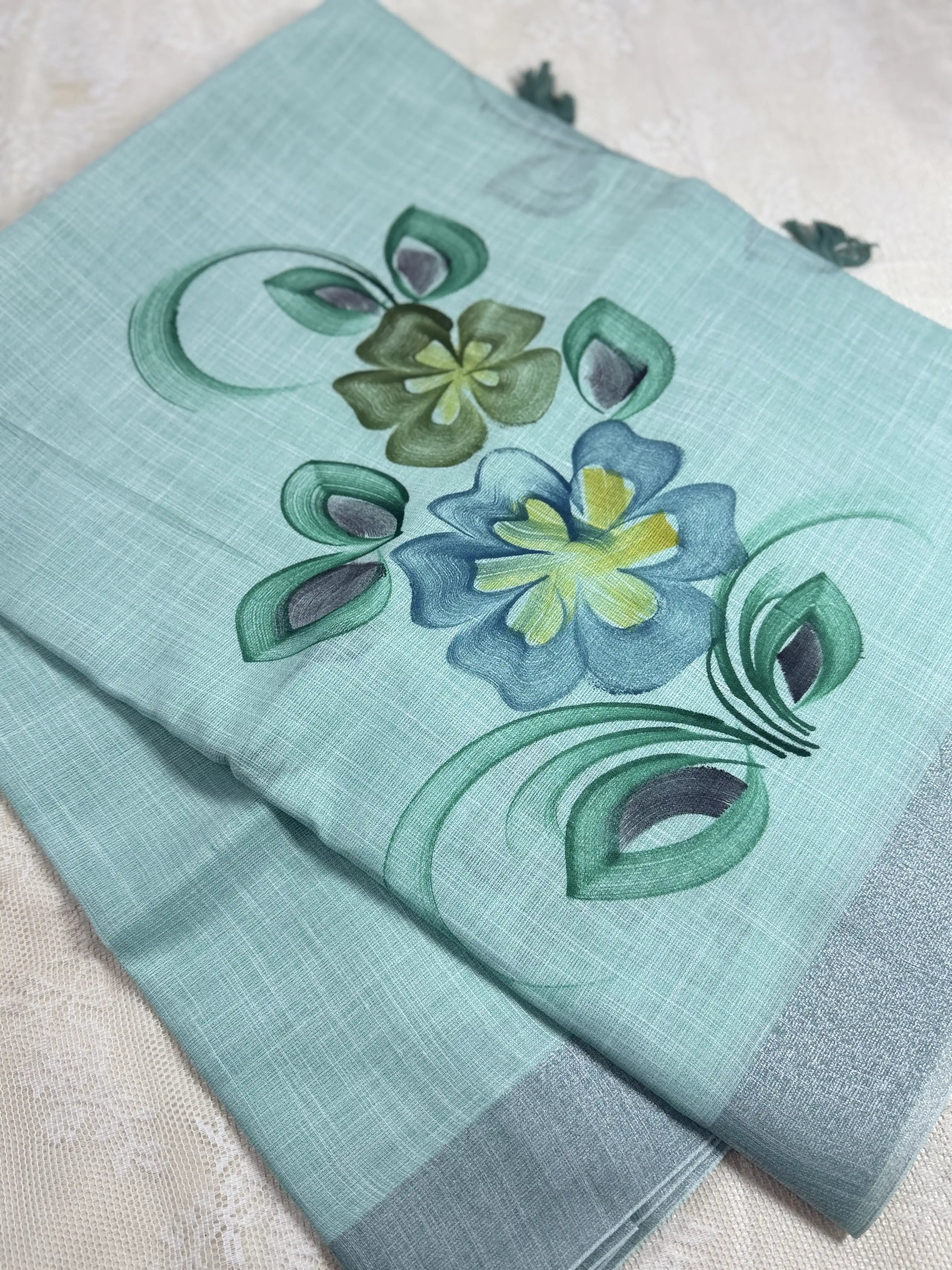 Pastel Mint Green Premium Linen Cotton with Yellow Floral Brush Painting