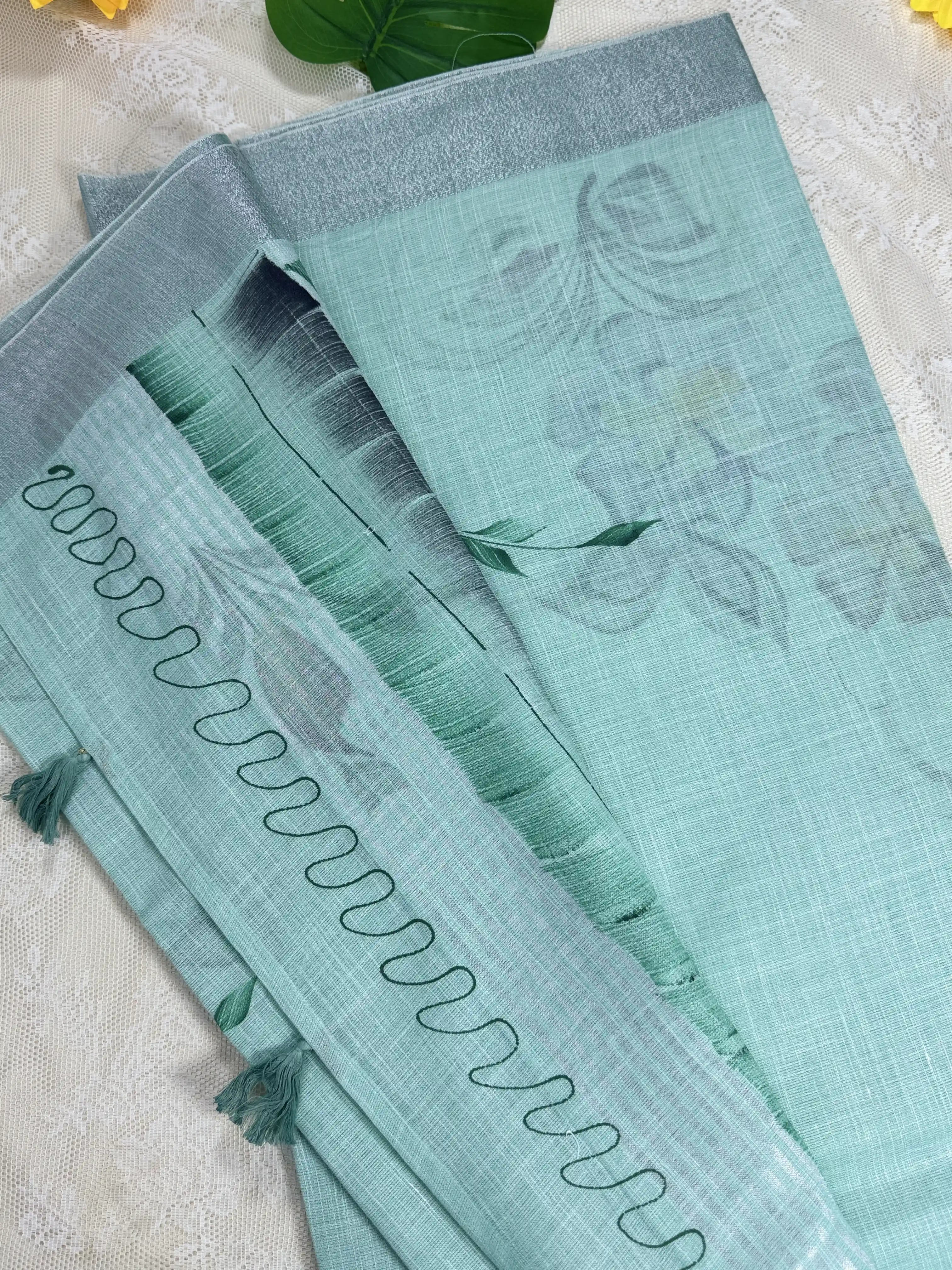 Pastel Mint Green Premium Linen Cotton with Yellow Floral Brush Painting