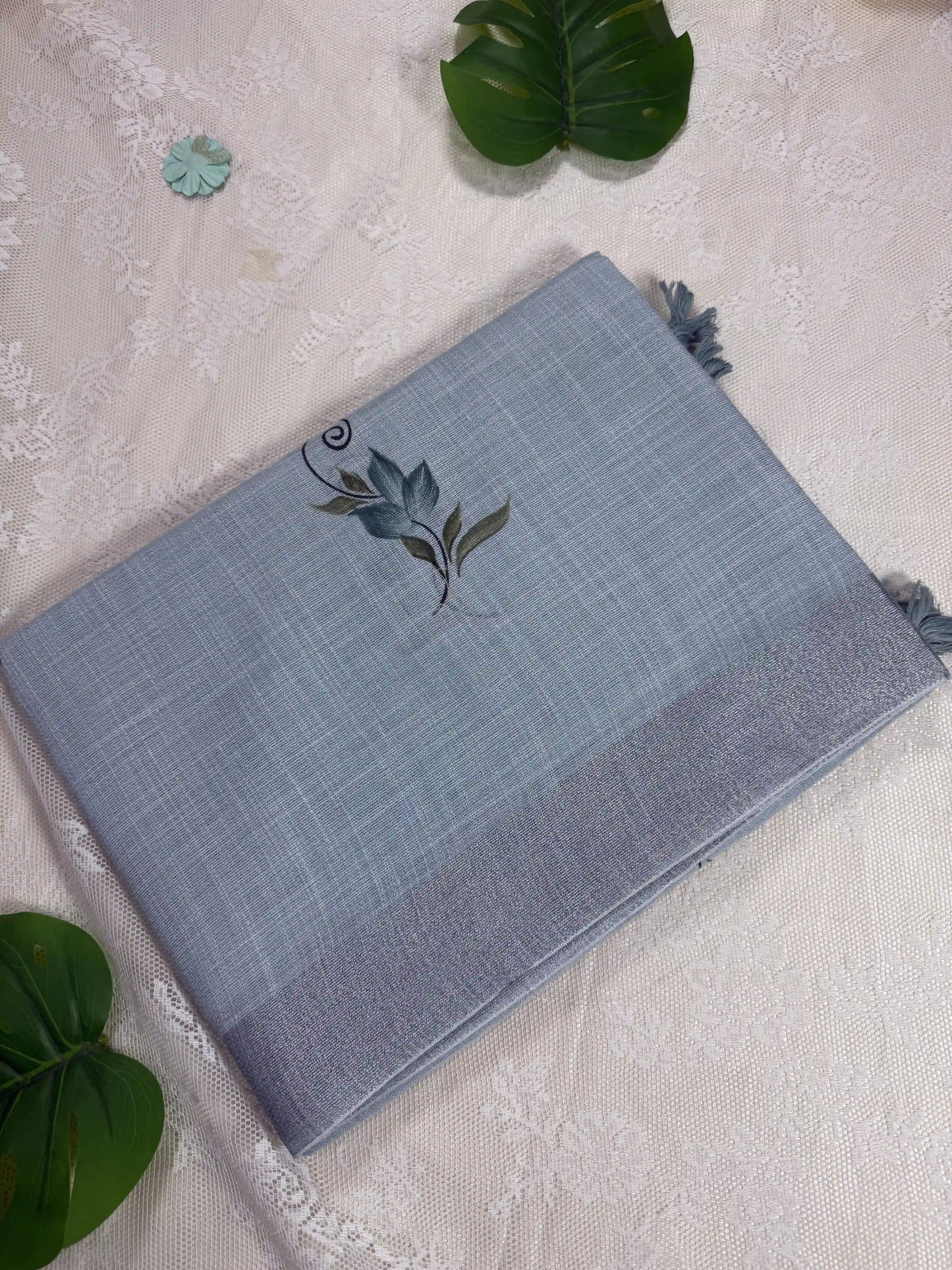Pastel Mint Blue Premium Linen Cotton with Yellow Floral Brush Painting