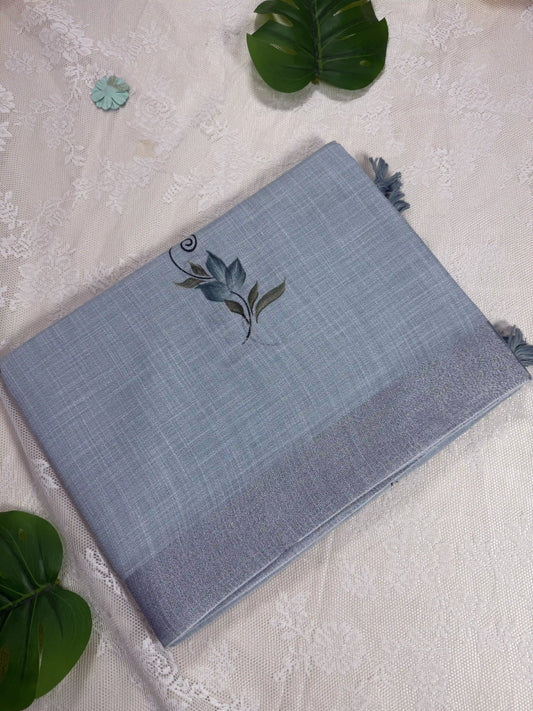 Pastel Mint Blue Premium Linen Cotton with Yellow Floral Brush Painting