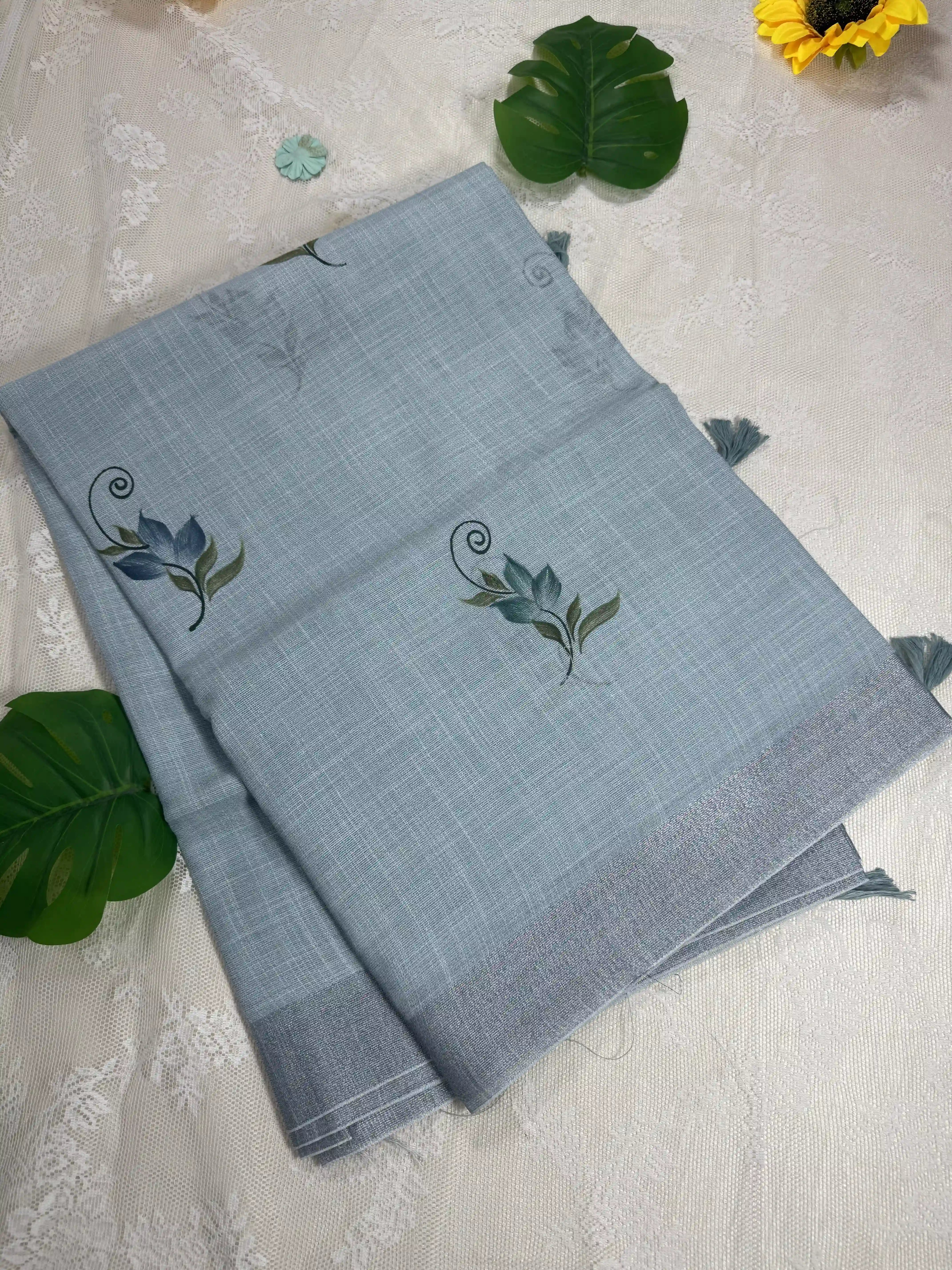 Pastel Mint Blue Premium Linen Cotton with Yellow Floral Brush Painting