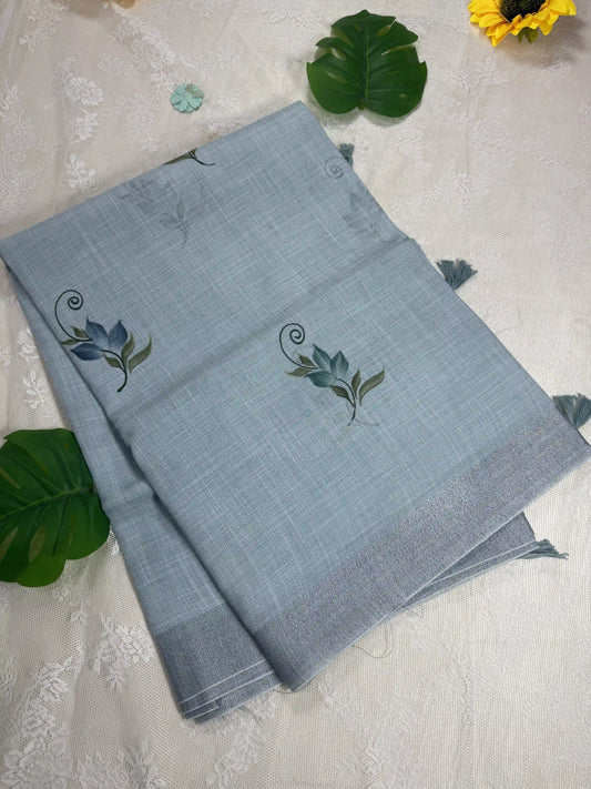 Pastel Mint Blue Premium Linen Cotton with Yellow Floral Brush Painting