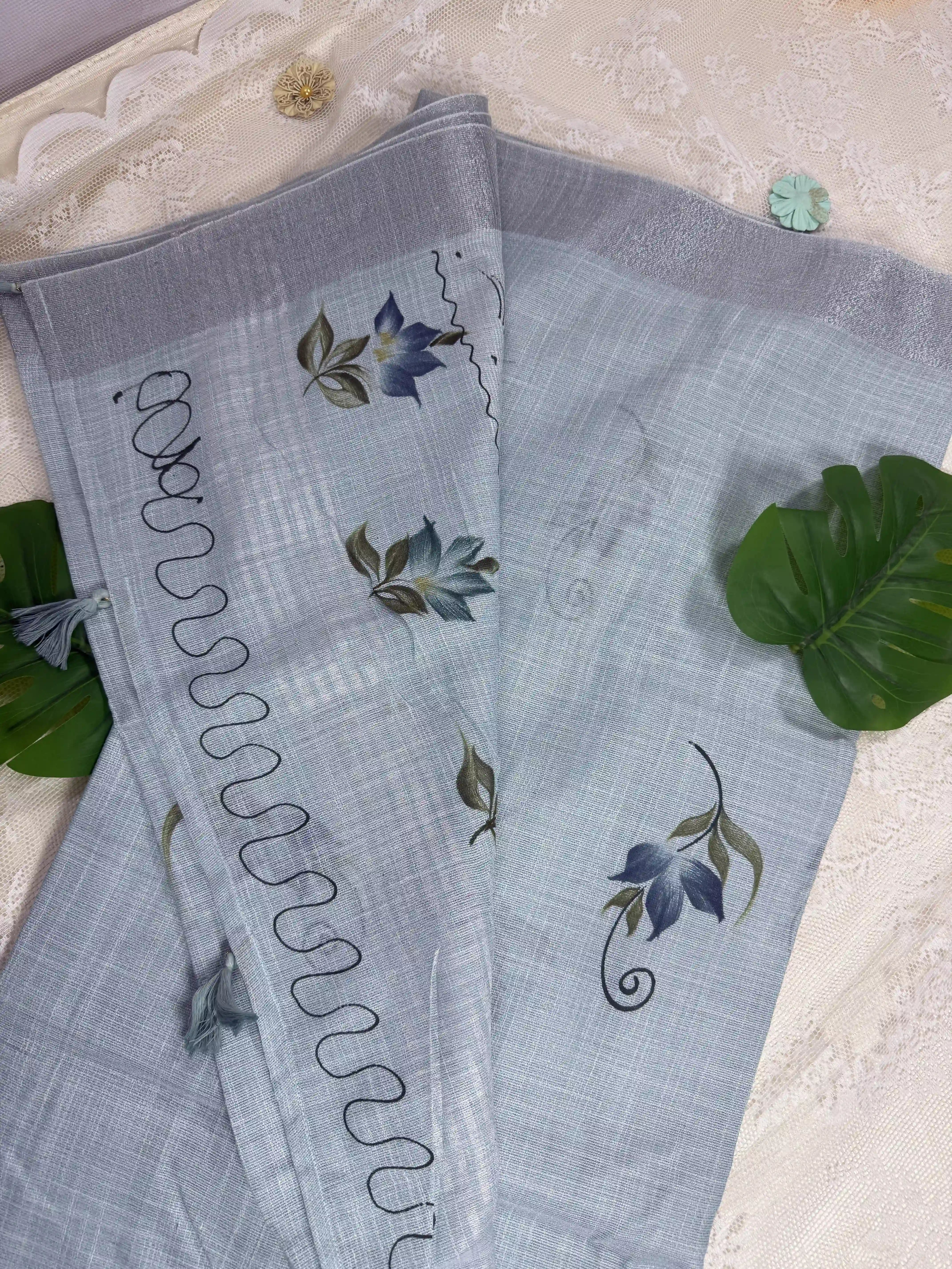 Pastel Mint Blue Premium Linen Cotton with Yellow Floral Brush Painting