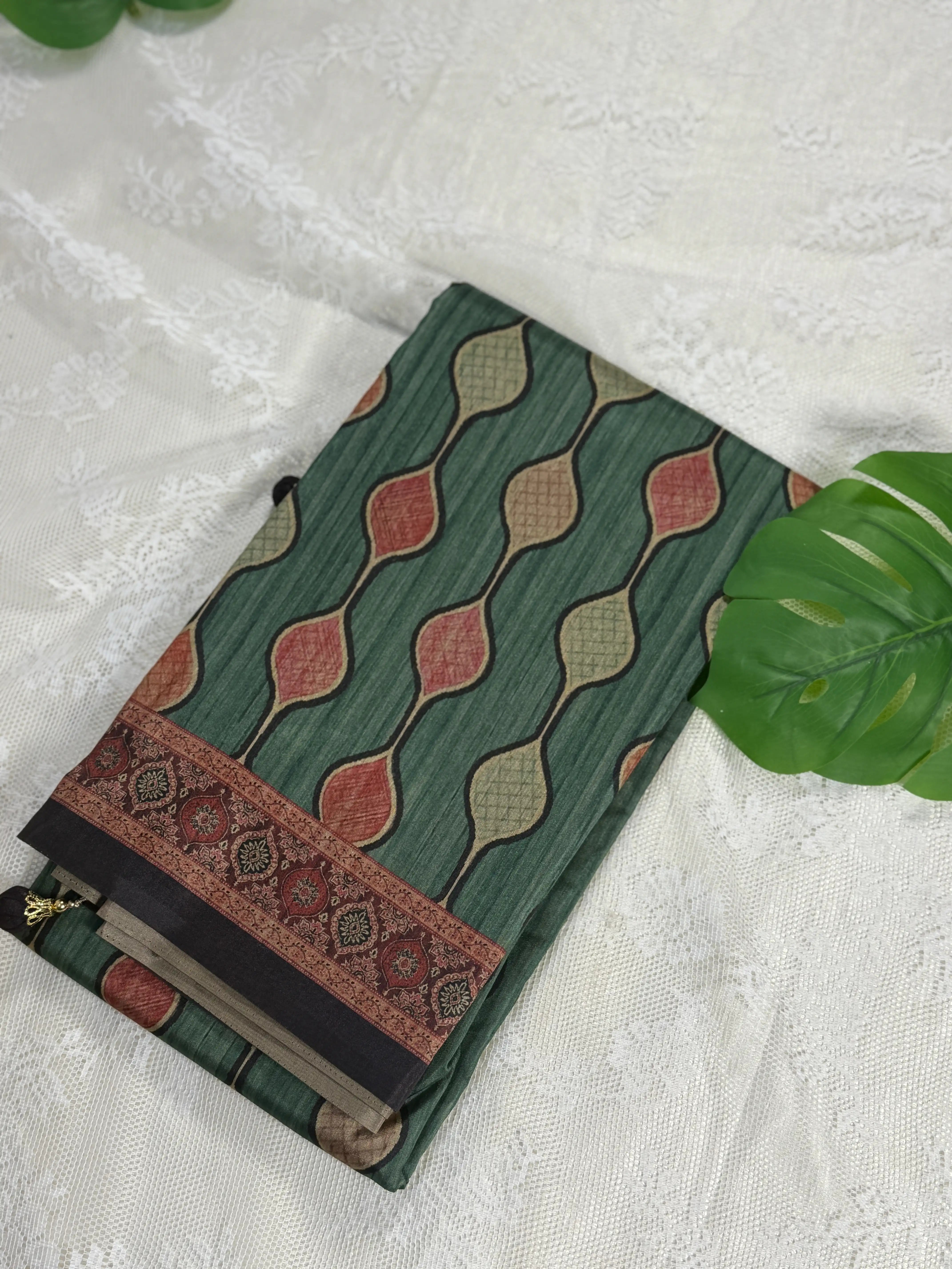 Hemali (Mughal Ajrakh Mul Cotton Saree): Dark Green Saree with Red and Green Stripped Petal Butti Body and Mughal Print Border and Pallu