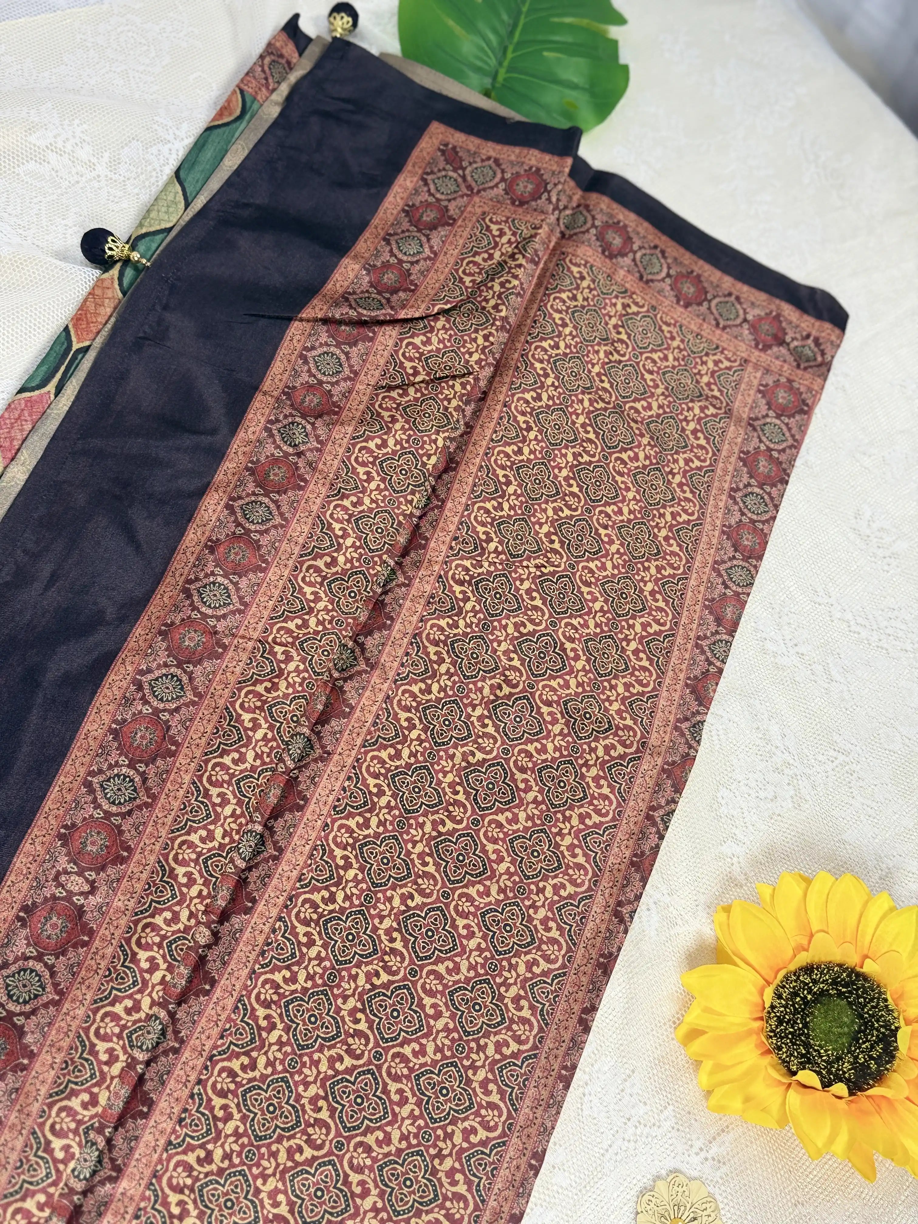 Hemali (Mughal Ajrakh Mul Cotton Saree): Dark Green Saree with Red and Green Stripped Petal Butti Body and Mughal Print Border and Pallu