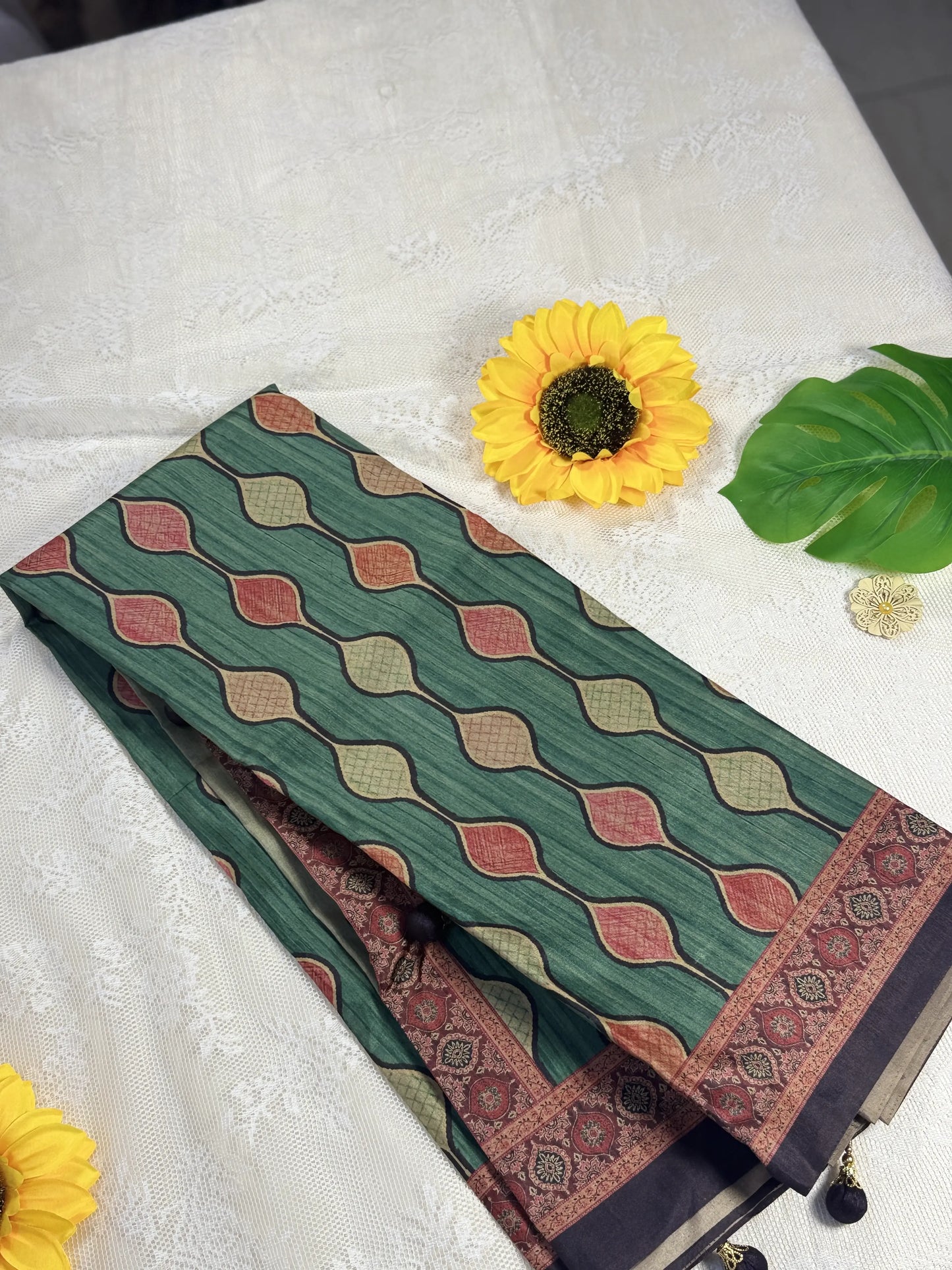 Hemali (Mughal Ajrakh Mul Cotton Saree): Dark Green Saree with Red and Green Stripped Petal Butti Body and Mughal Print Border and Pallu