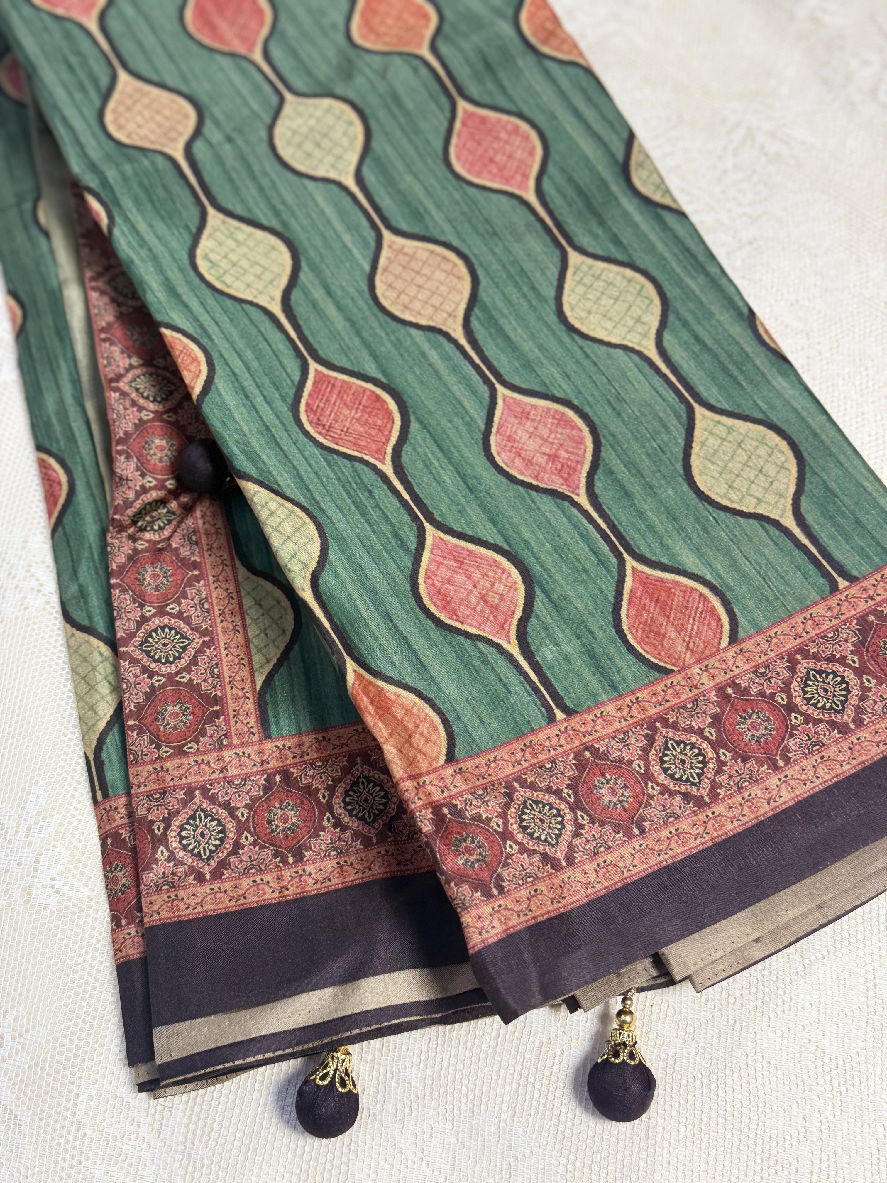 Hemali (Mughal Ajrakh Mul Cotton Saree): Dark Green Saree with Red and Green Stripped Petal Butti Body and Mughal Print Border and Pallu