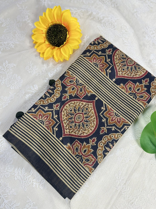 Hemali (Mughal Ajrakh Mul Cotton Saree): Mehendi Brown Saree with Ajrakh Print Body and Red and Green Floral Print Border and Pallu