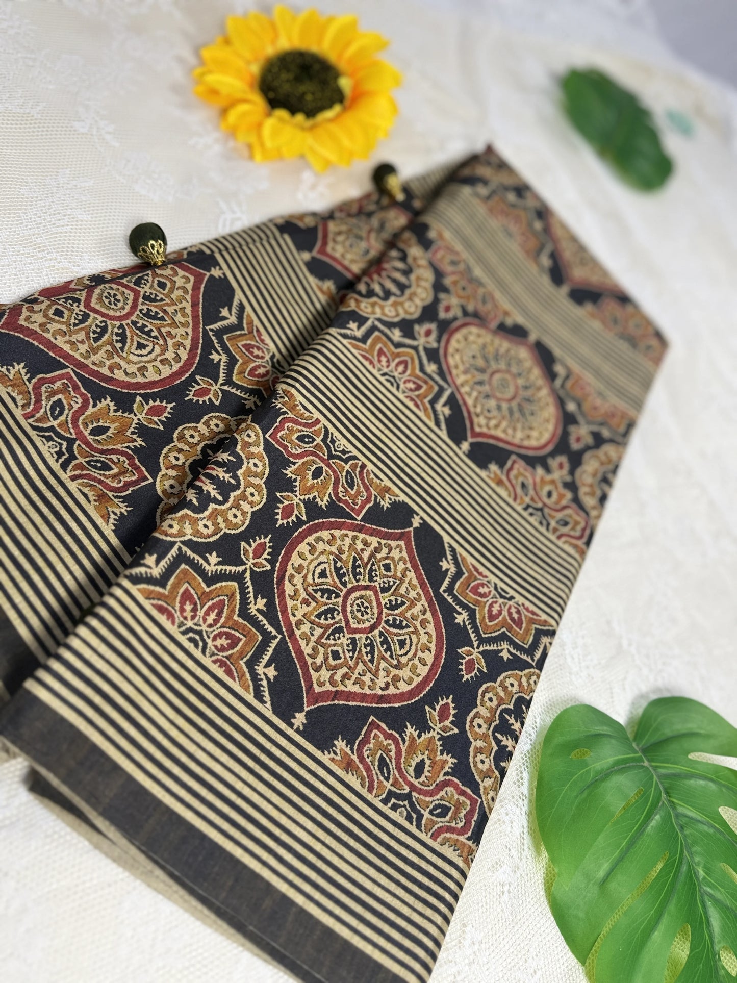 Hemali (Mughal Ajrakh Mul Cotton Saree): Mehendi Brown Saree with Ajrakh Print Body and Red and Green Floral Print Border and Pallu