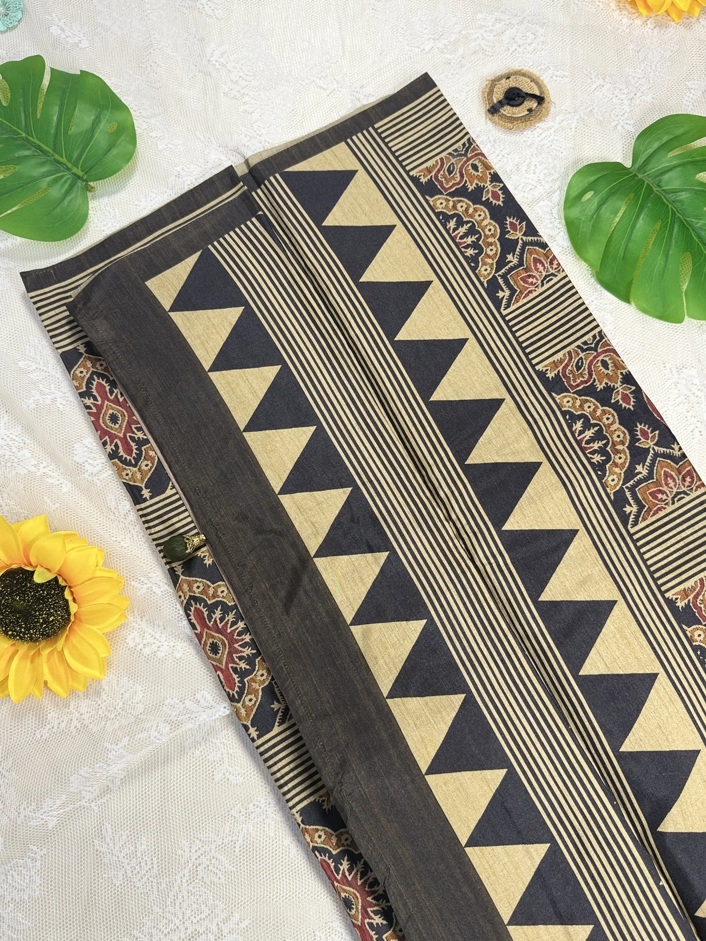 Hemali (Mughal Ajrakh Mul Cotton Saree): Mehendi Brown Saree with Ajrakh Print Body and Red and Green Floral Print Border and Pallu