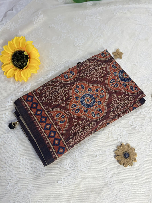Hemali (Mughal Ajrakh Mul Cotton Saree): Mehendi Red Brown Saree with Ajrakh Print Body and Red and Orange Geometric Print Border and Pallu