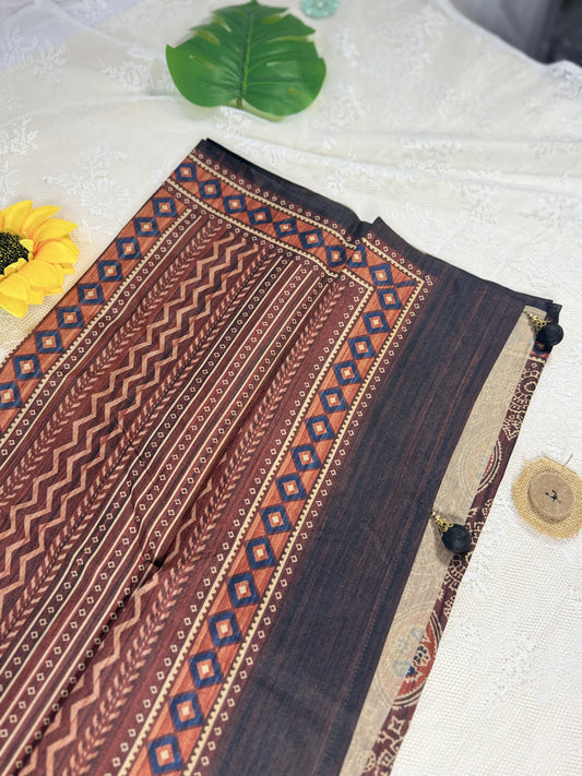 Hemali (Mughal Ajrakh Mul Cotton Saree): Mehendi Red Brown Saree with Ajrakh Print Body and Red and Orange Geometric Print Border and Pallu