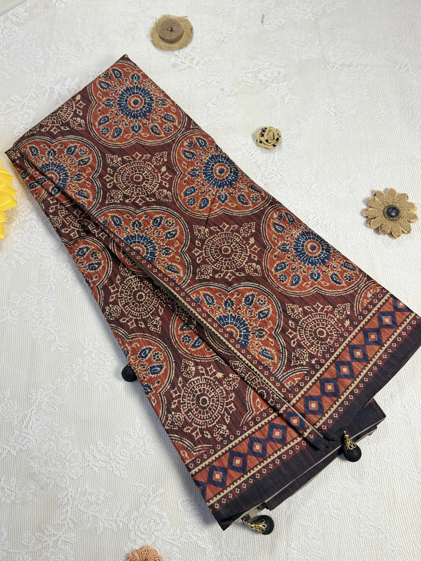 Hemali (Mughal Ajrakh Mul Cotton Saree): Mehendi Red Brown Saree with Ajrakh Print Body and Red and Orange Geometric Print Border and Pallu