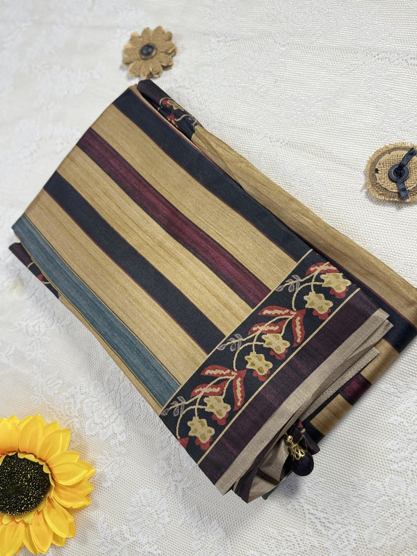 Hemali (Mughal Ajrakh Mul Cotton Saree): Marron, Gold and Navy Blue Stripped Saree with Gold floral Border and Pallu