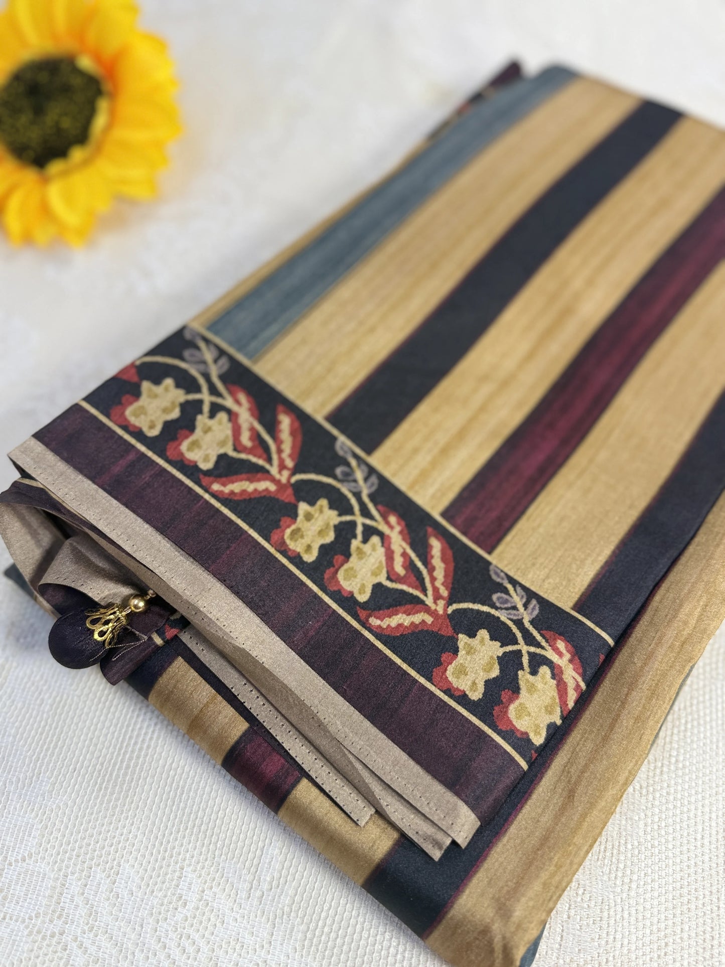 Hemali (Mughal Ajrakh Mul Cotton Saree): Marron, Gold and Navy Blue Stripped Saree with Gold floral Border and Pallu