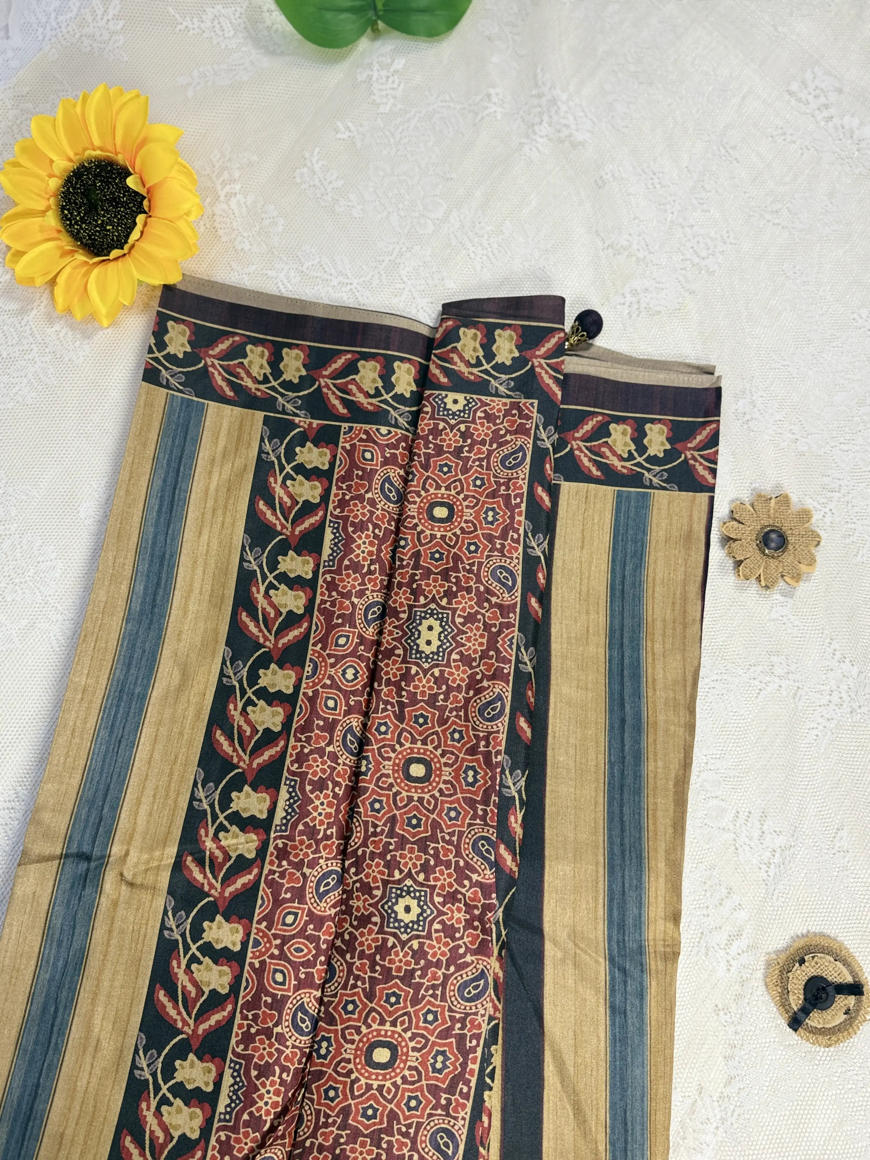 Hemali (Mughal Ajrakh Mul Cotton Saree): Marron, Gold and Navy Blue Stripped Saree with Gold floral Border and Pallu