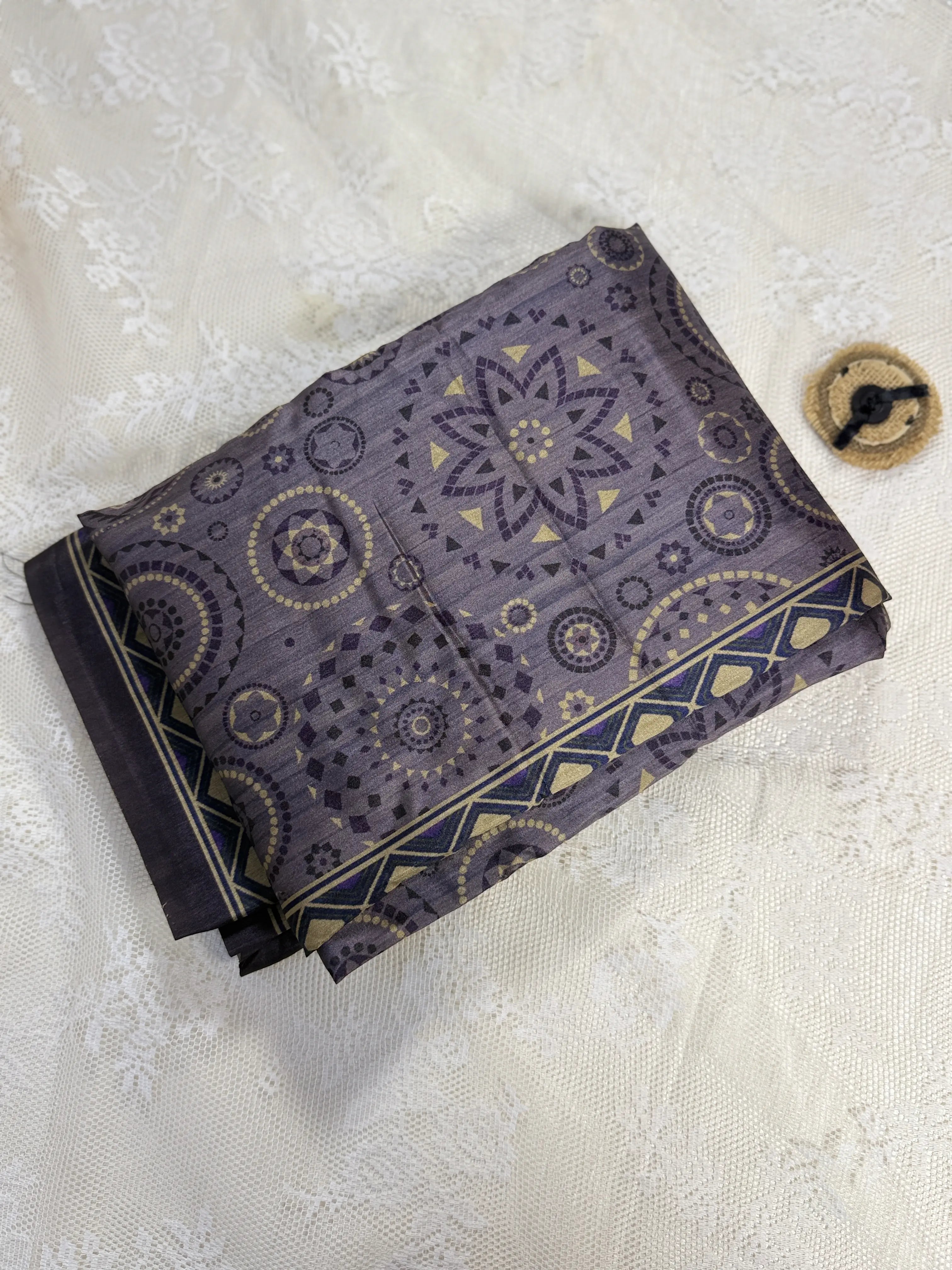 Hemali (Mughal Ajrakh Mul Cotton Saree): Lavendar Grey Saree with Gold and Purple Ajrakh motif body and Geometric pattern Border and Pallu