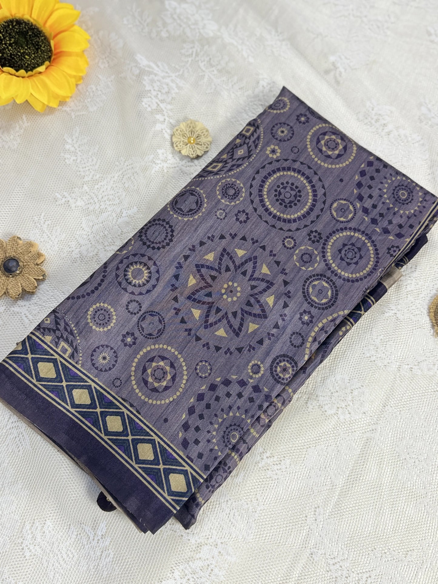 Hemali (Mughal Ajrakh Mul Cotton Saree): Lavendar Grey Saree with Gold and Purple Ajrakh motif body and Geometric pattern Border and Pallu