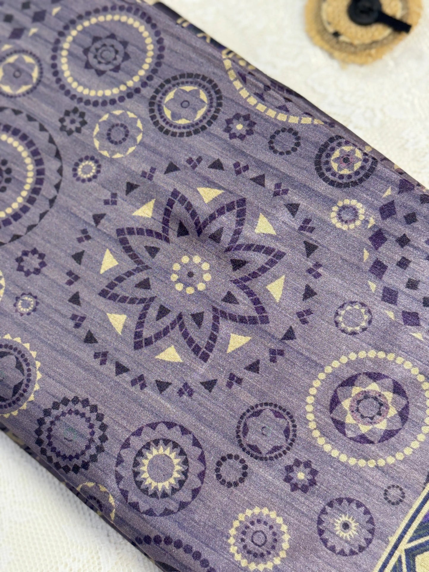 Hemali (Mughal Ajrakh Mul Cotton Saree): Lavendar Grey Saree with Gold and Purple Ajrakh motif body and Geometric pattern Border and Pallu