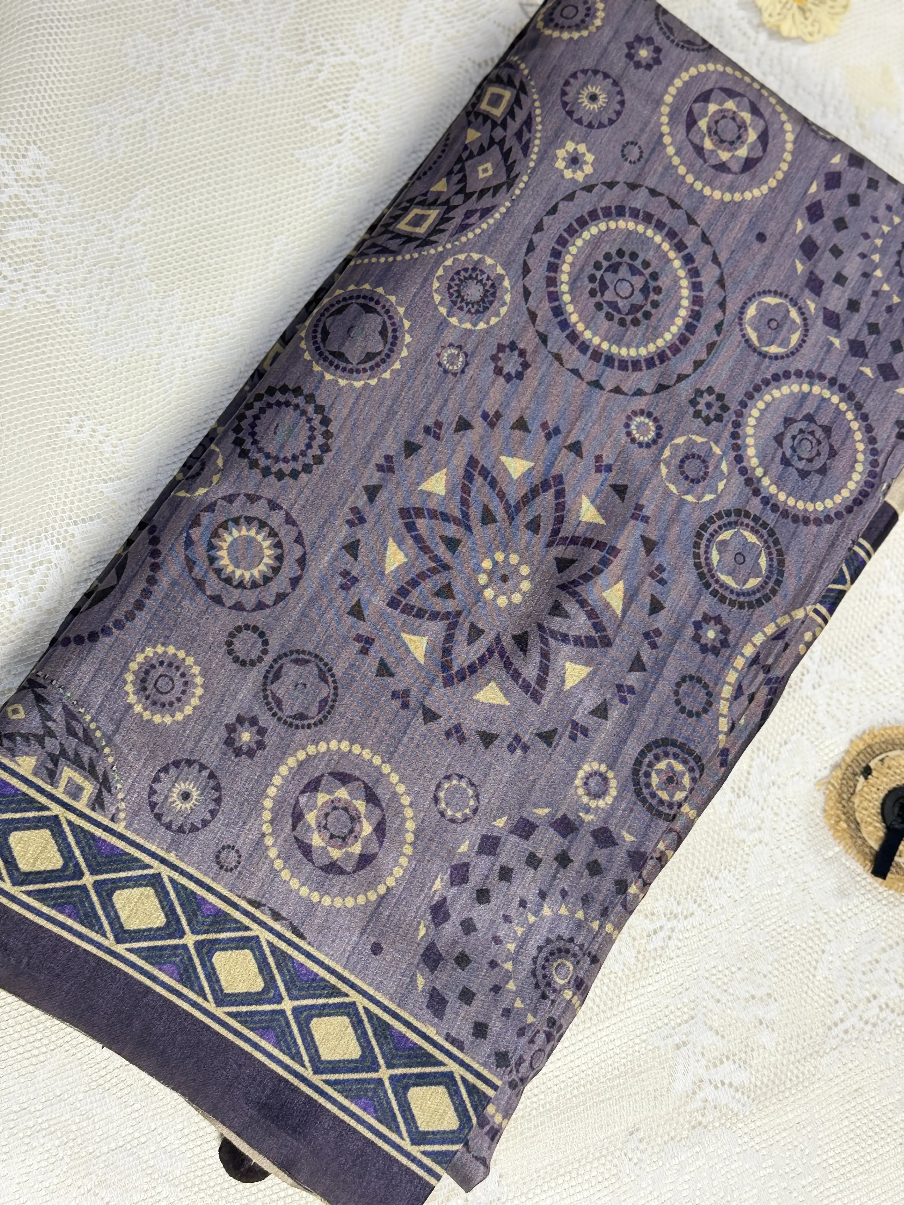 Hemali (Mughal Ajrakh Mul Cotton Saree): Lavendar Grey Saree with Gold and Purple Ajrakh motif body and Geometric pattern Border and Pallu