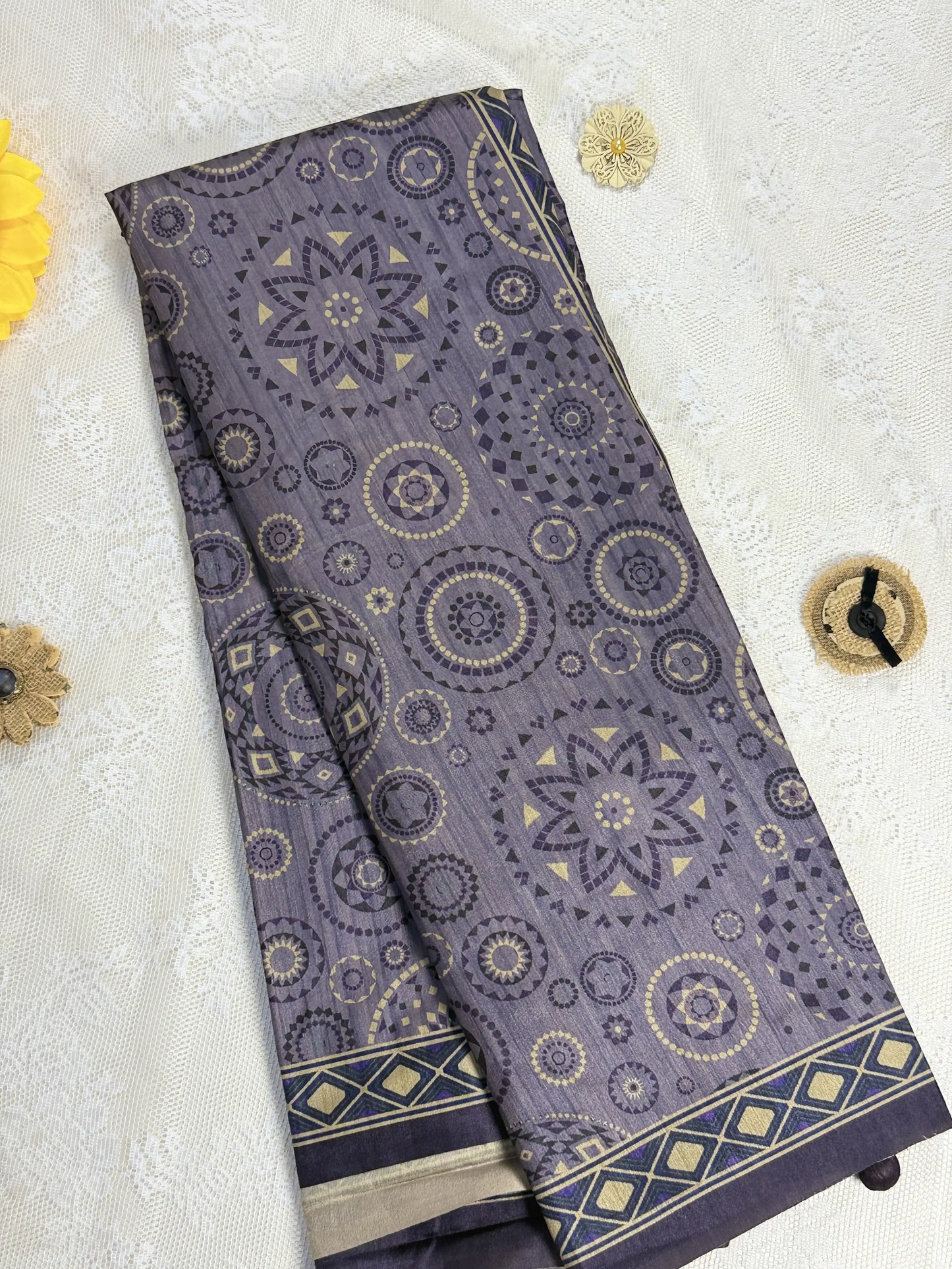Hemali (Mughal Ajrakh Mul Cotton Saree): Lavendar Grey Saree with Gold and Purple Ajrakh motif body and Geometric pattern Border and Pallu